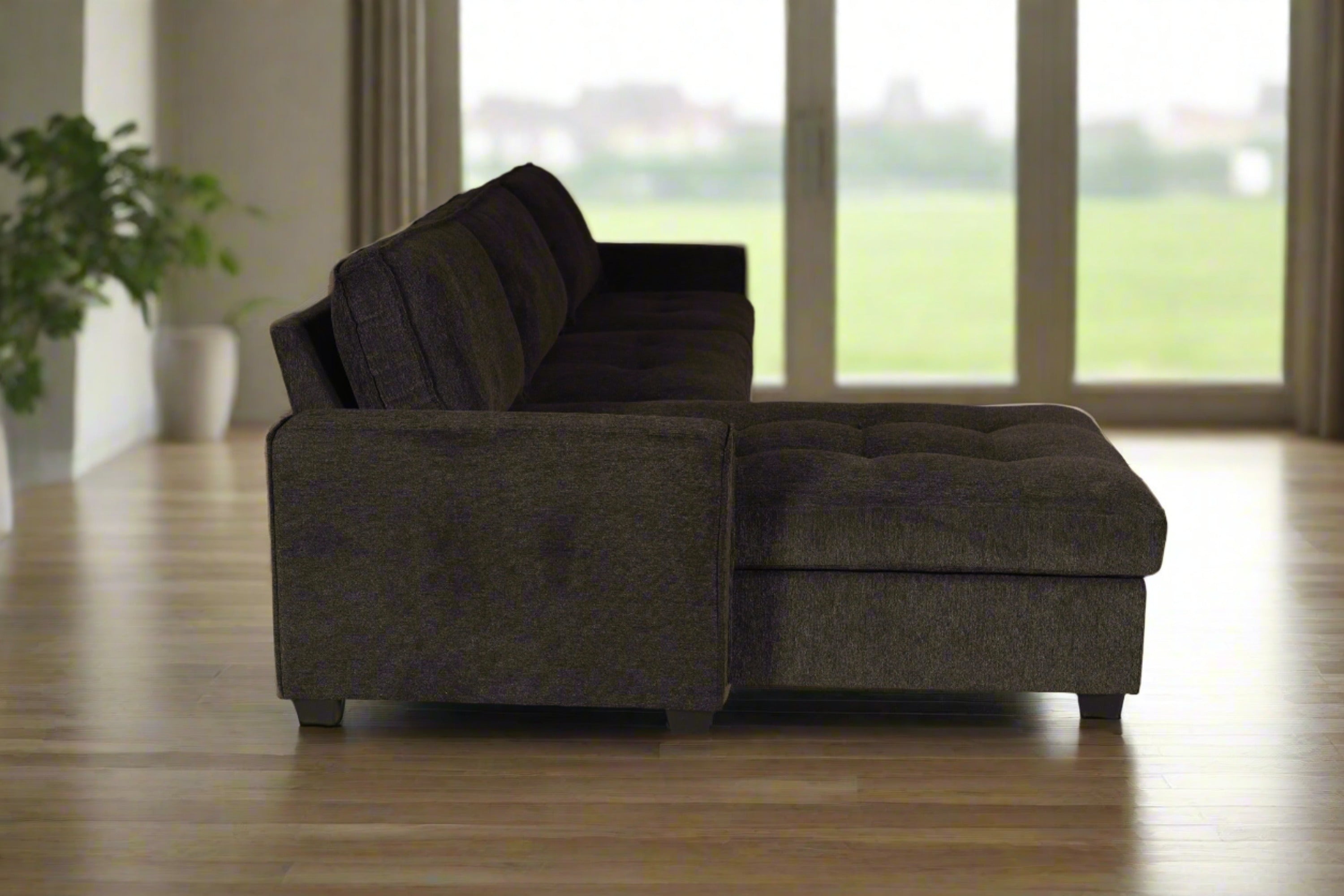 Chenille Sectional Sofa with Reversible Chaise - Tufted, Comfy Couch, Black