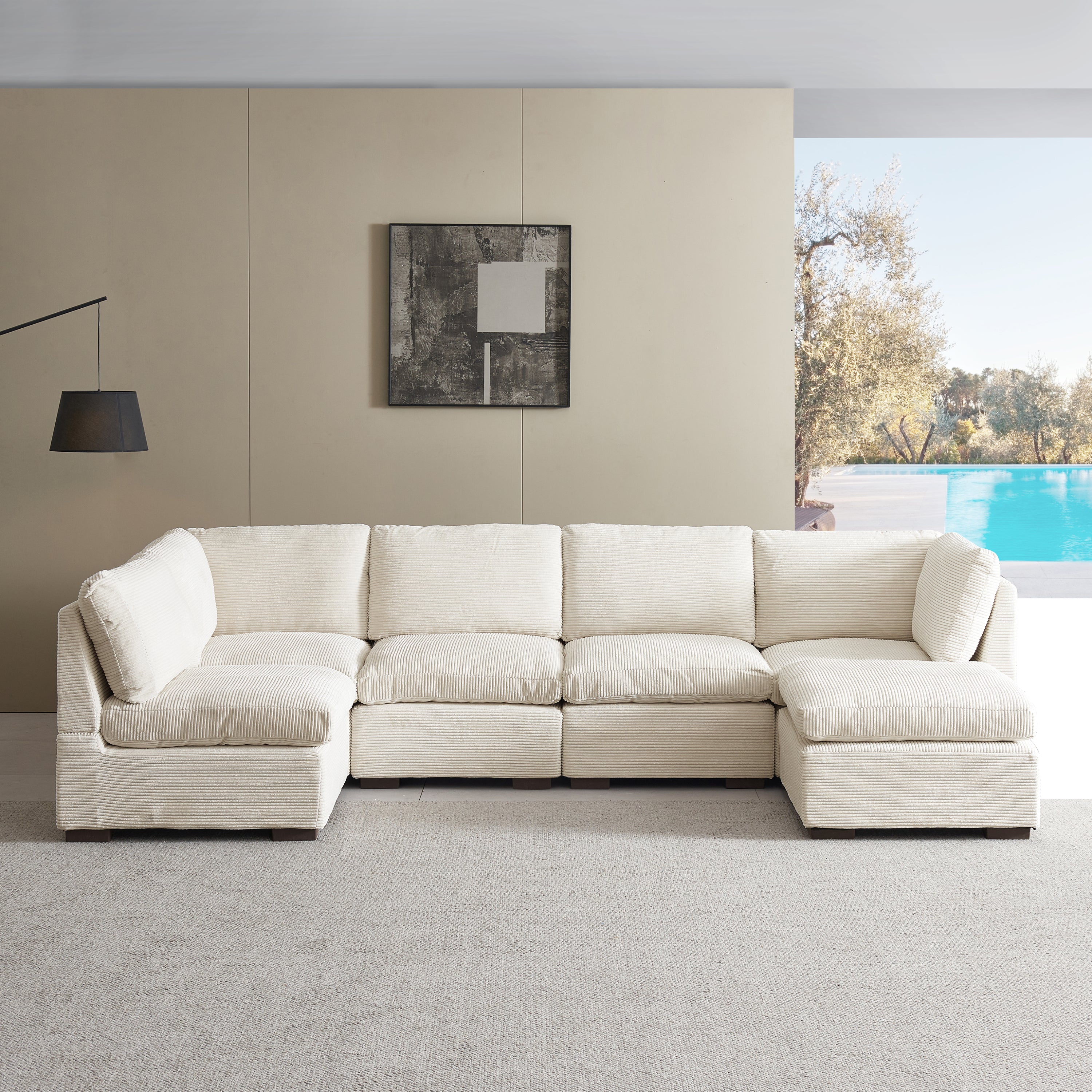 L-Shaped Couch, 6-Seat Corduroy Sofa, Couch with Ottoman, Beige