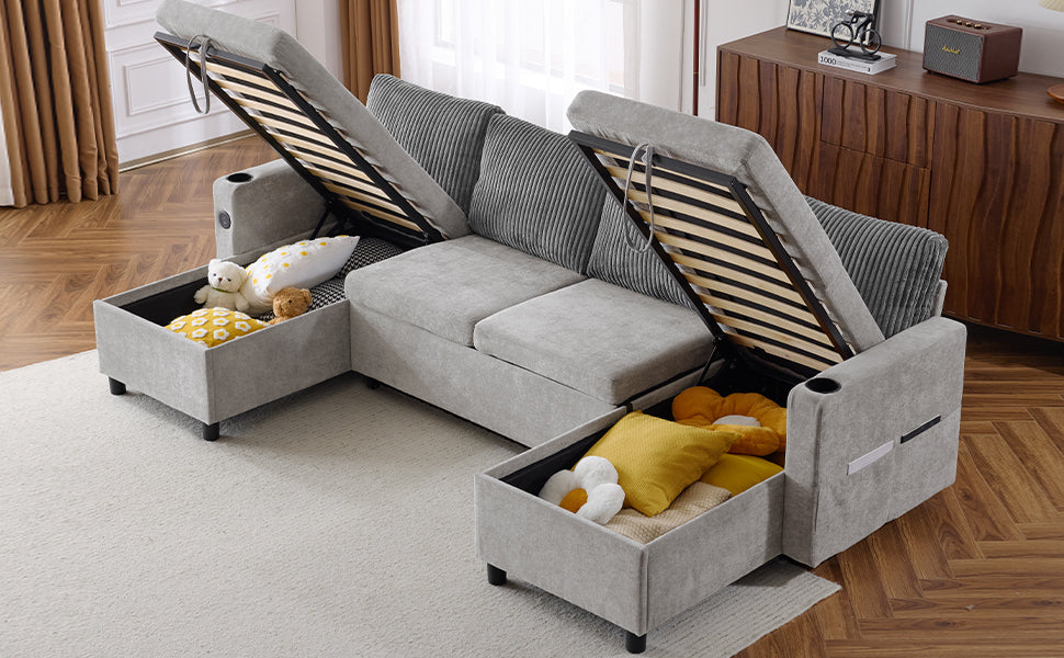 Corduroy Couch with Chaise Sleeper, Sectional Sofa Pull-Out, Grey