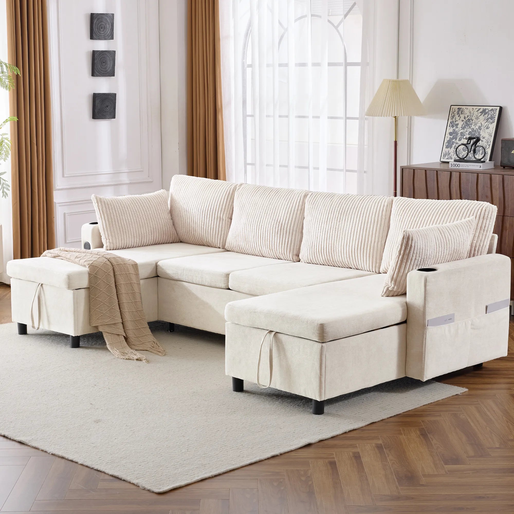 Corduroy Couch with Chaise Sleeper, Sectional Sofa Pull-Out, Beige