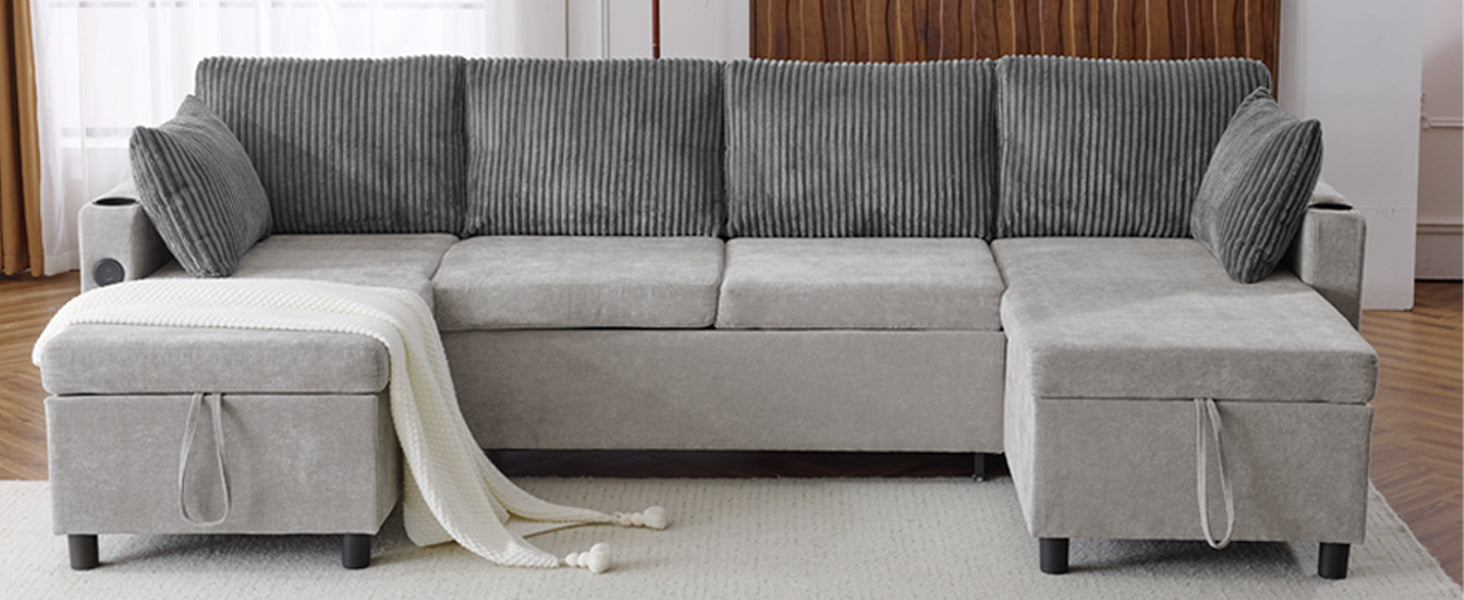 Corduroy Couch with Chaise Sleeper, Sectional Sofa Pull-Out, Grey
