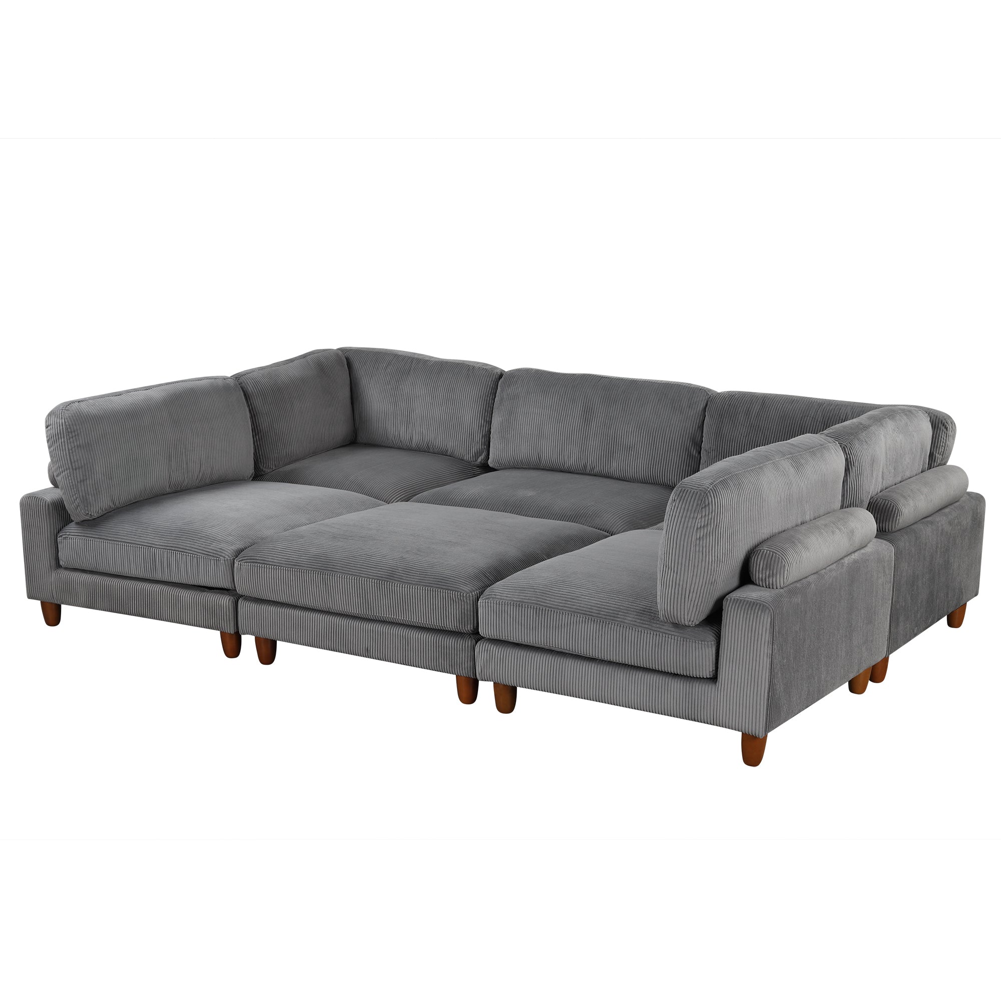 Large U-Shaped Sectional, Corduroy Couch with Ottoman, Gray