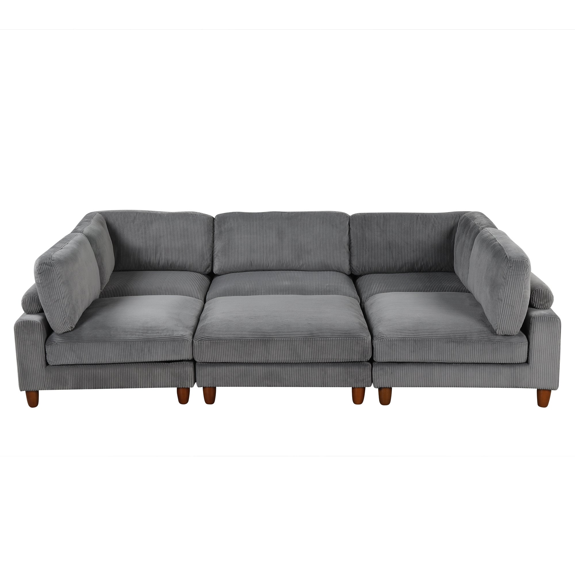 Large U-Shaped Sectional, Corduroy Couch with Ottoman, Gray