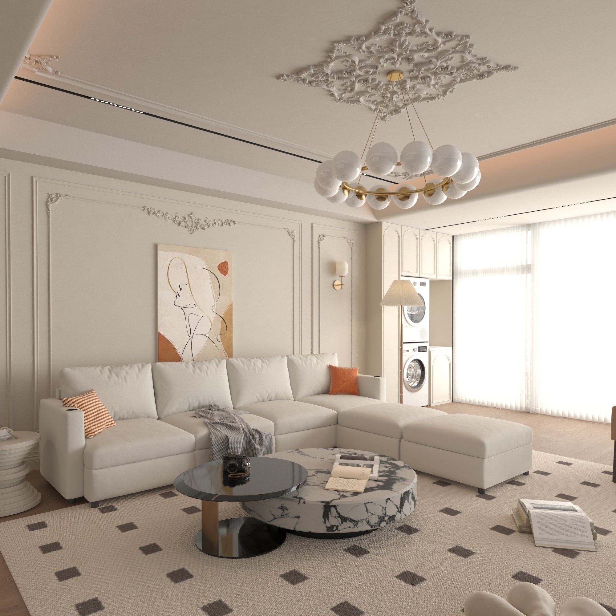 Large Sectional Couch with Storage, Sofa with Chaise- Beige