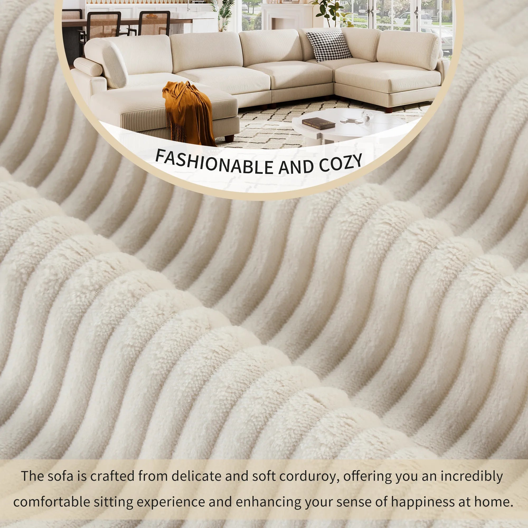 Large U-Shaped Sectional, Corduroy Couch with Ottoman, Beige