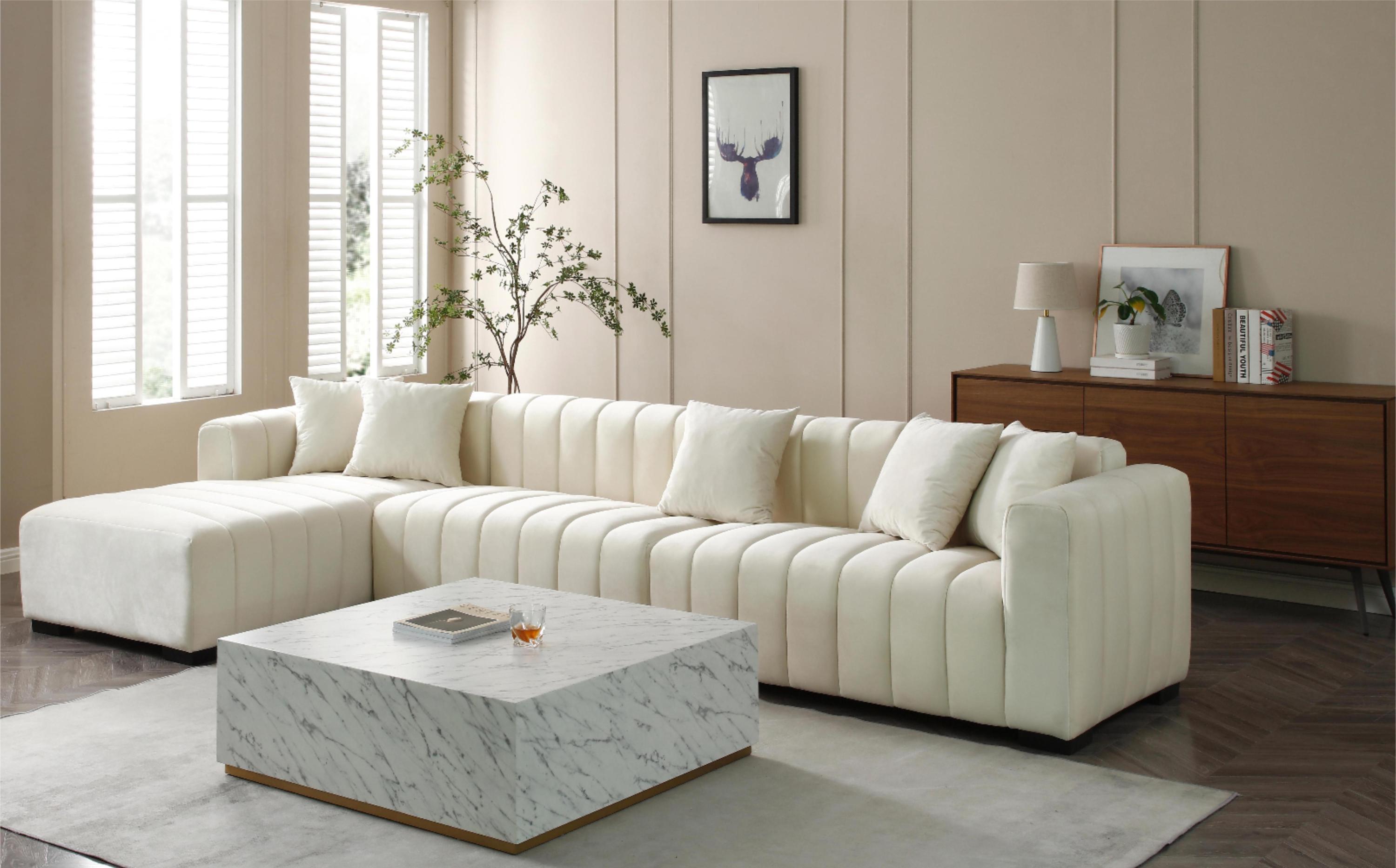 Modern Sofa Sectional, Large Velvet Couch with Left Chaise, Beige