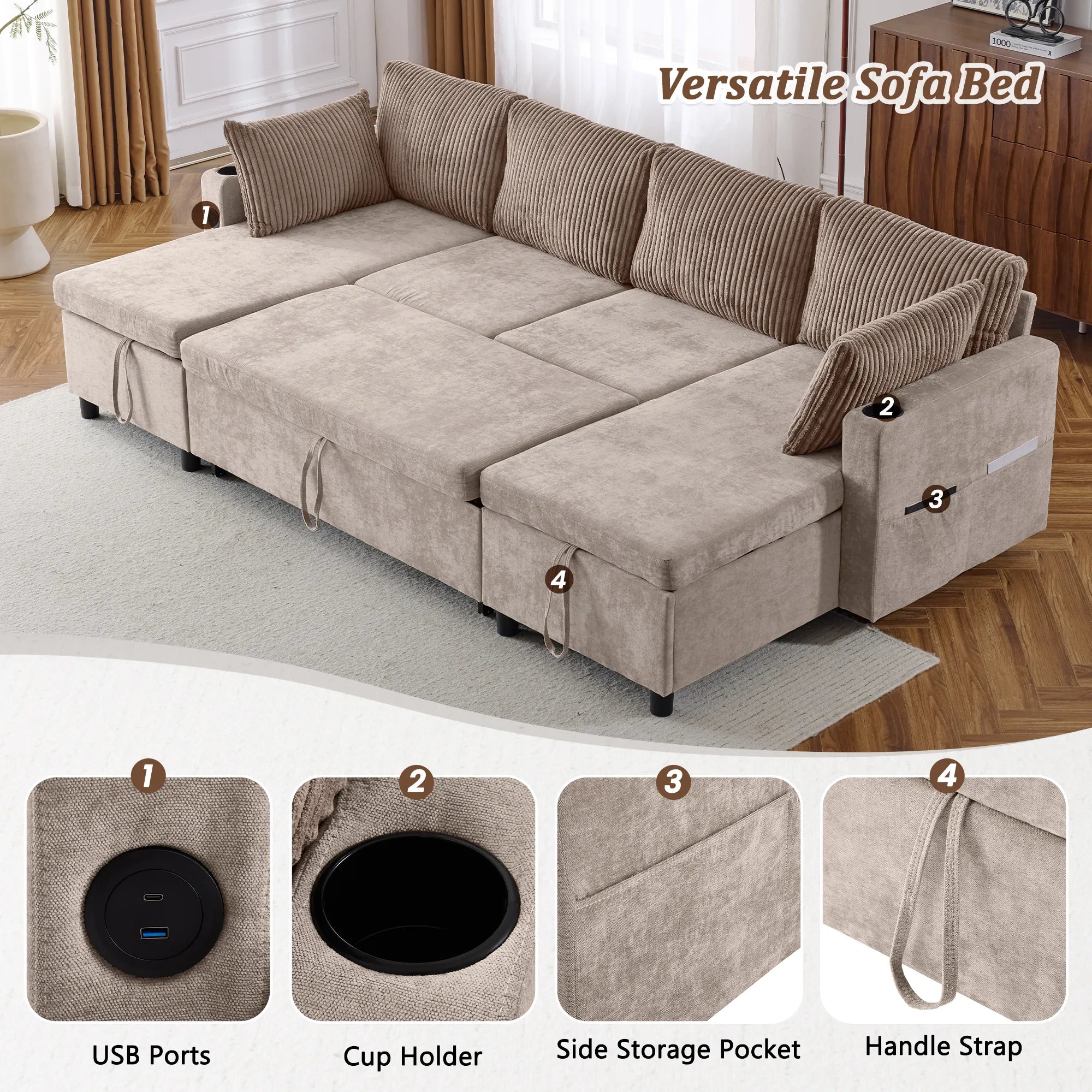 Corduroy Couch with Chaise Sleeper, Sectional Sofa Pull-Out, Brown