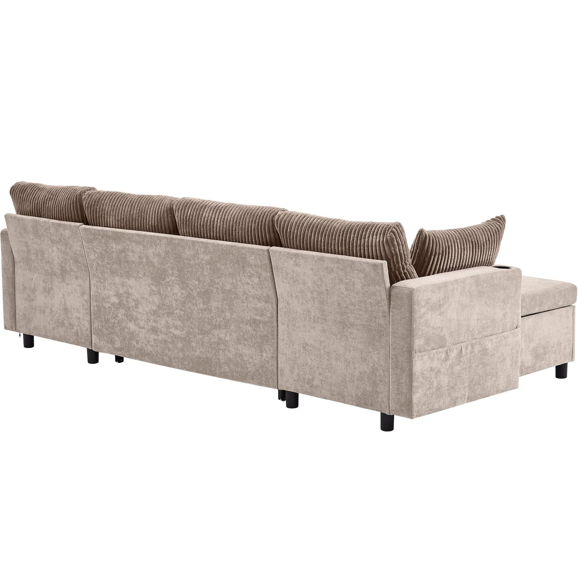 Corduroy Couch with Chaise Sleeper, Sectional Sofa Pull-Out, Brown
