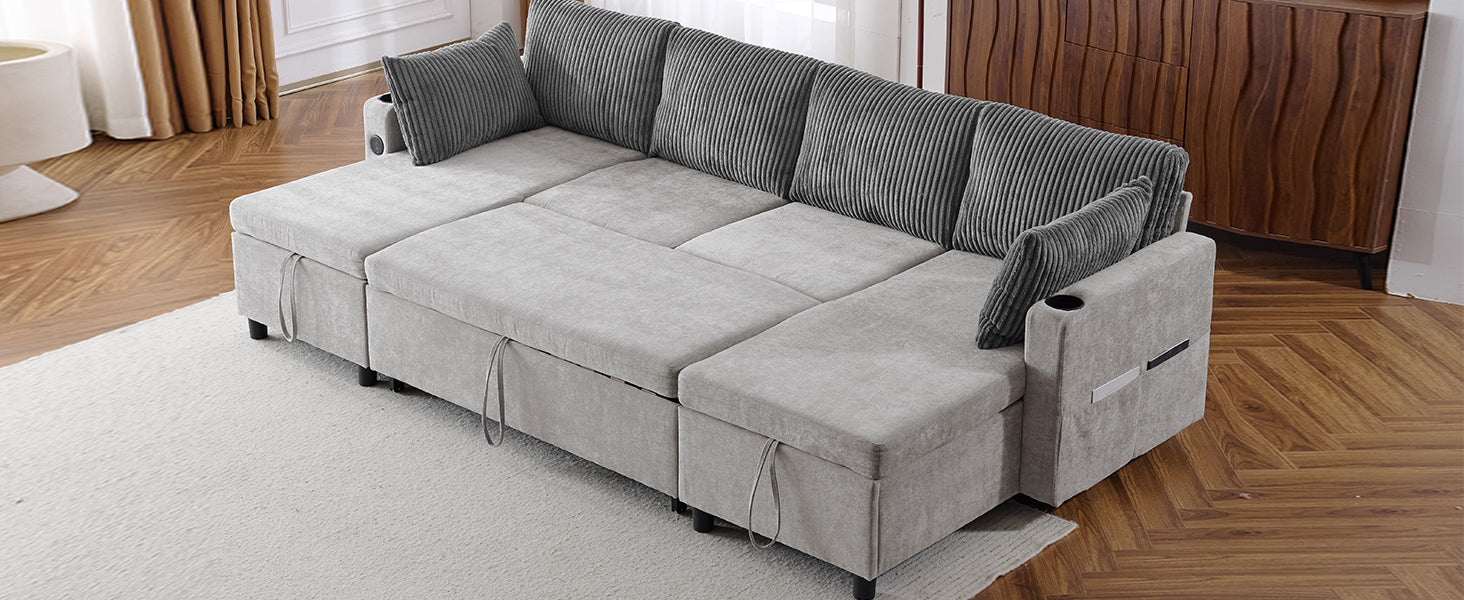 Corduroy Couch with Chaise Sleeper, Sectional Sofa Pull-Out, Grey