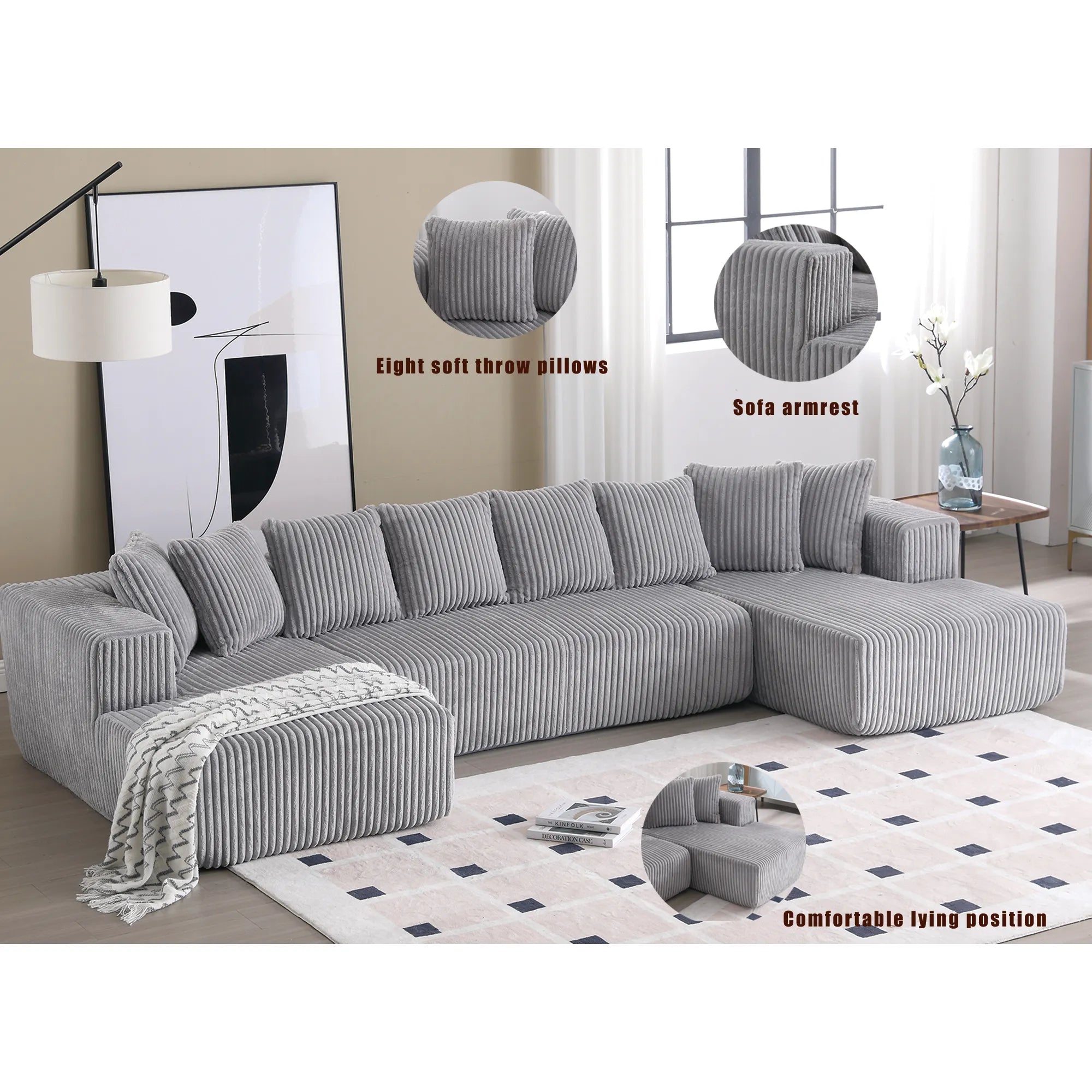 Modular U Shaped Sectional, Corduroy Couch with Double Chaise, Gray