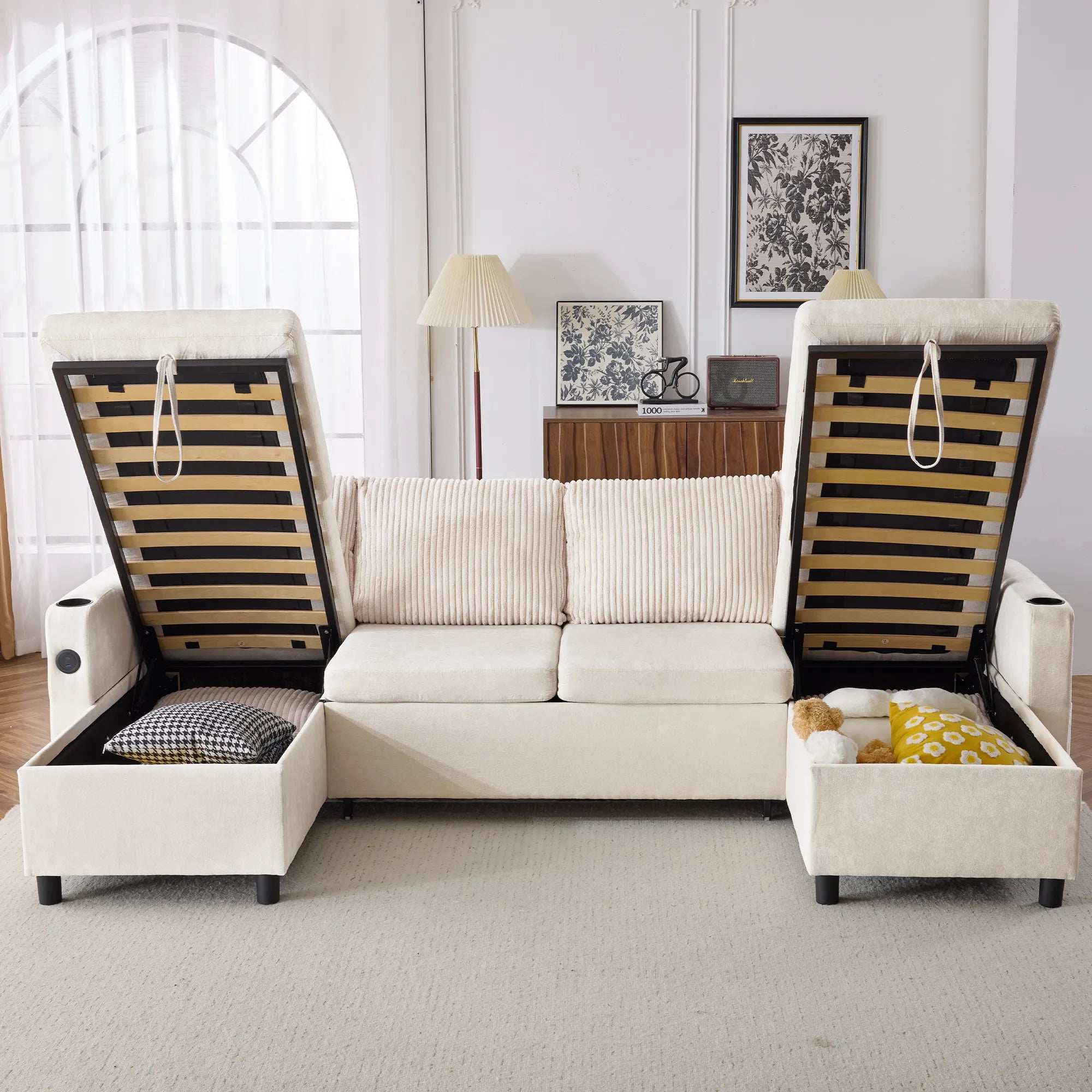 Corduroy Couch with Chaise Sleeper, Sectional Sofa Pull-Out, Beige