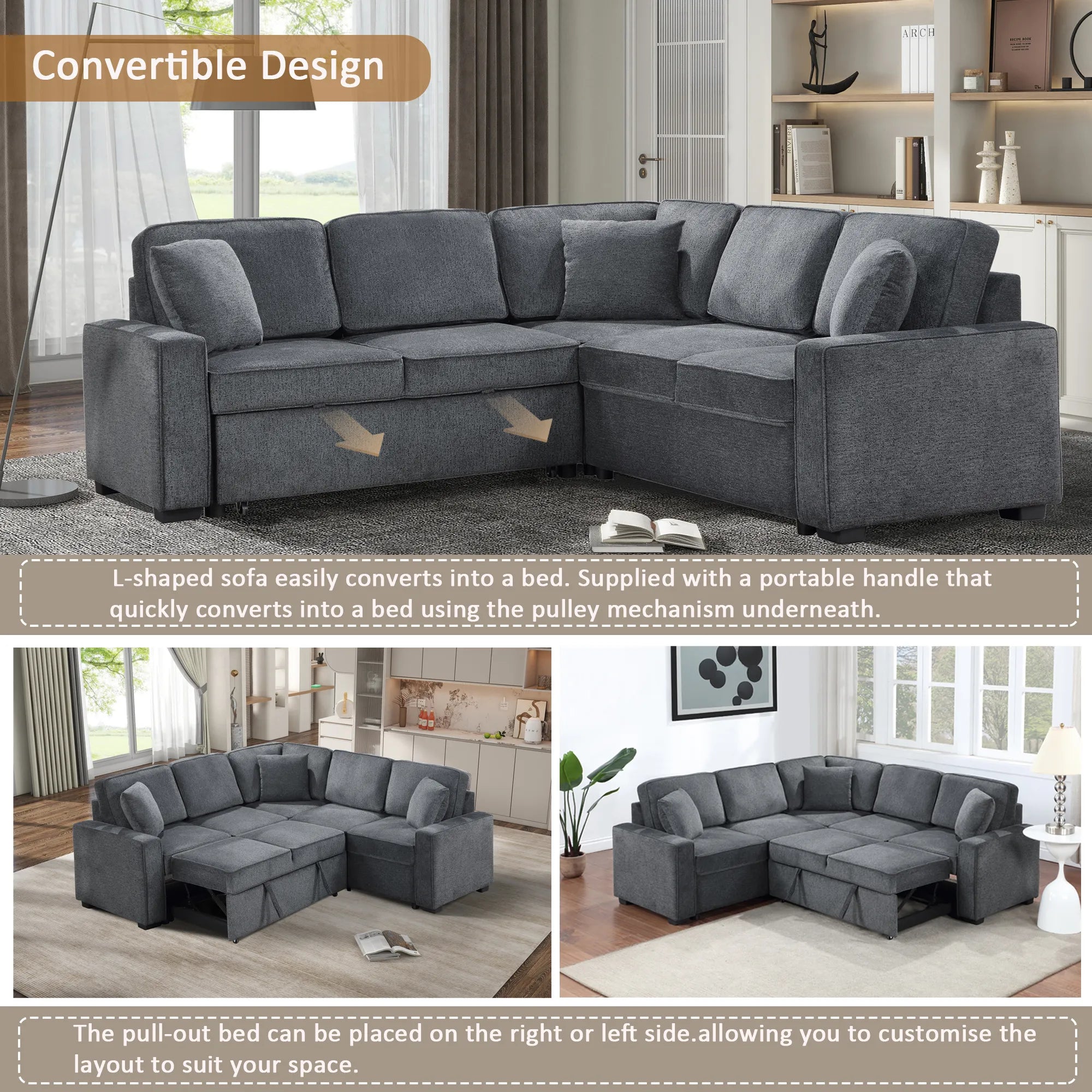 Louie Sleeper Sectional, Couch L Shape - Gray