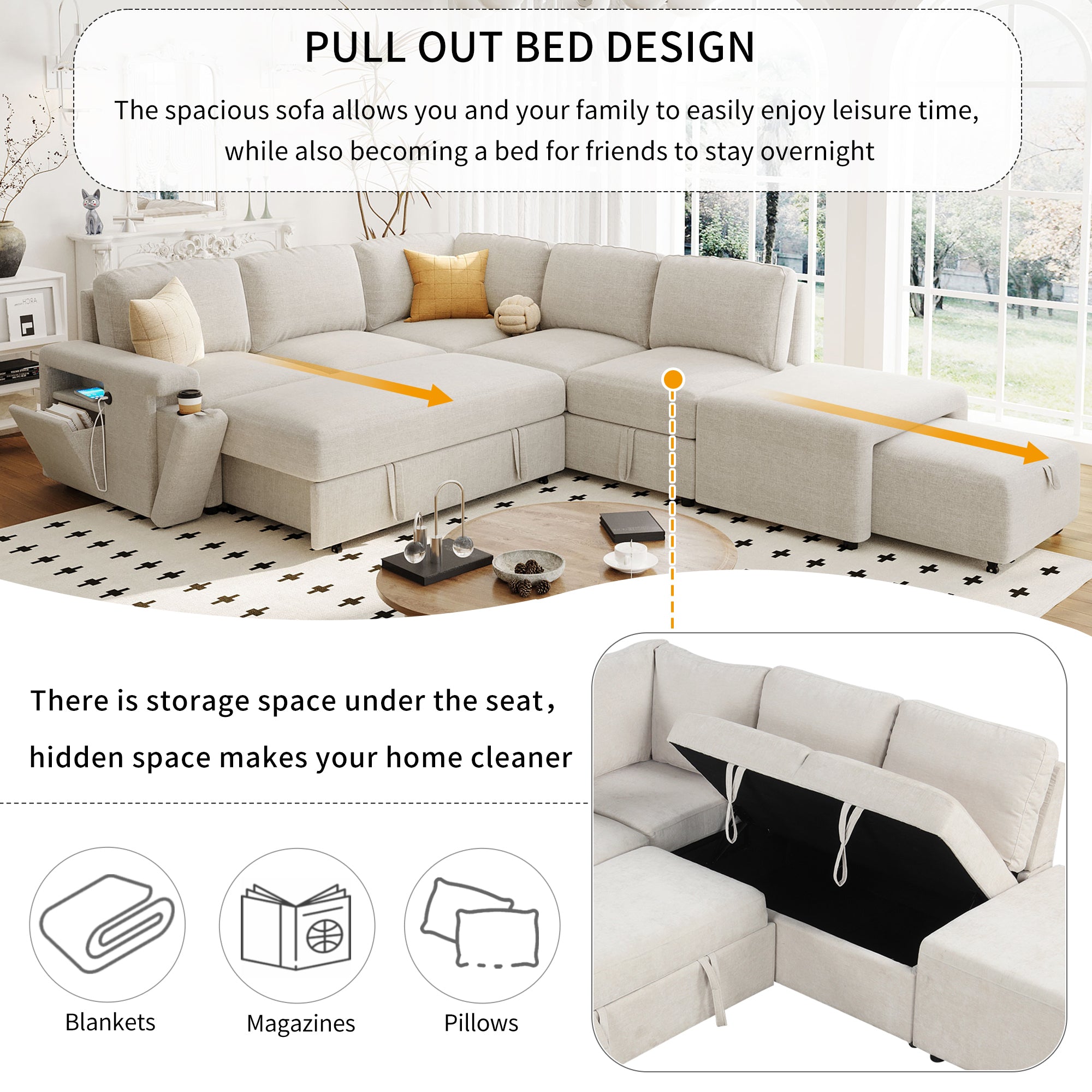 Sleeper Sectional, Sofa L Shape, Couch with Ottoman and Storage, Beige/Gray/Blue