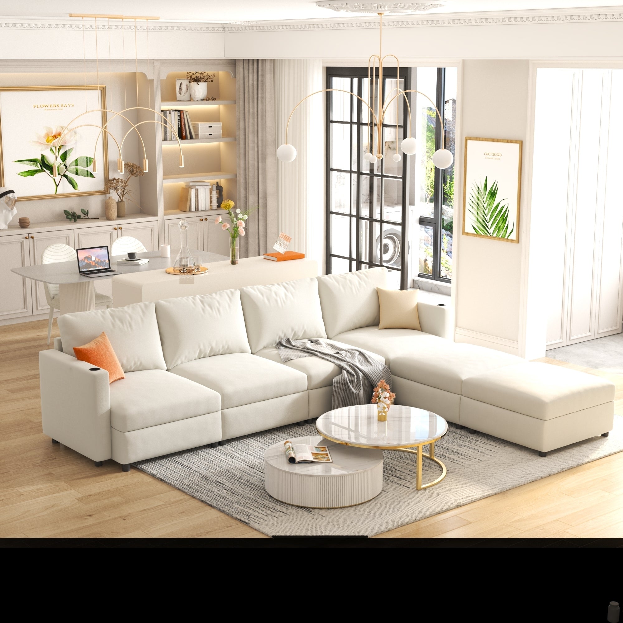Large Sectional Couch with Storage, Sofa with Chaise- Beige