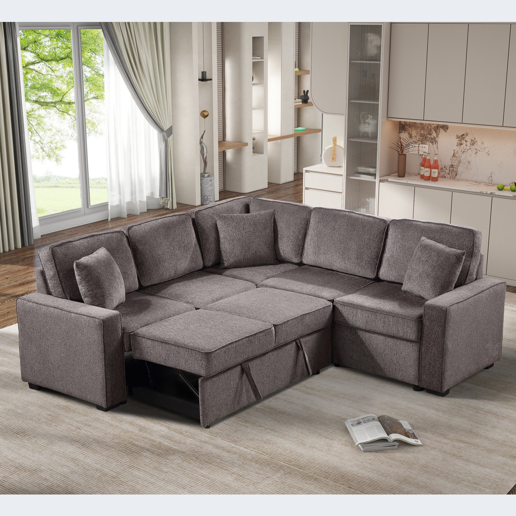 Louie Sleeper Sectional, Couch L Shape - Brown