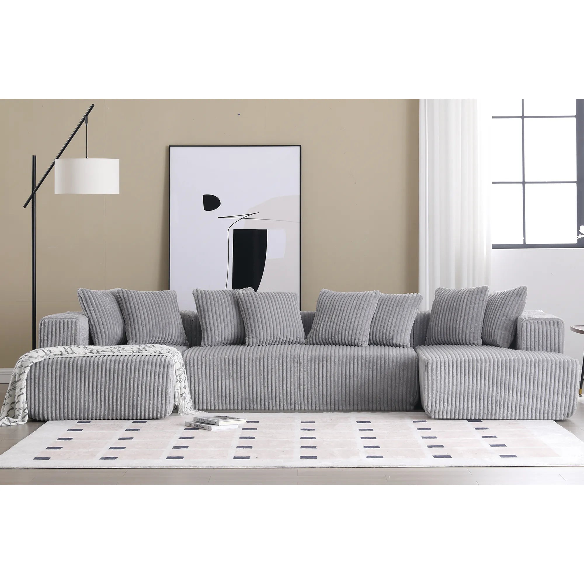 Modular U Shaped Sectional, Corduroy Couch with Double Chaise, Gray
