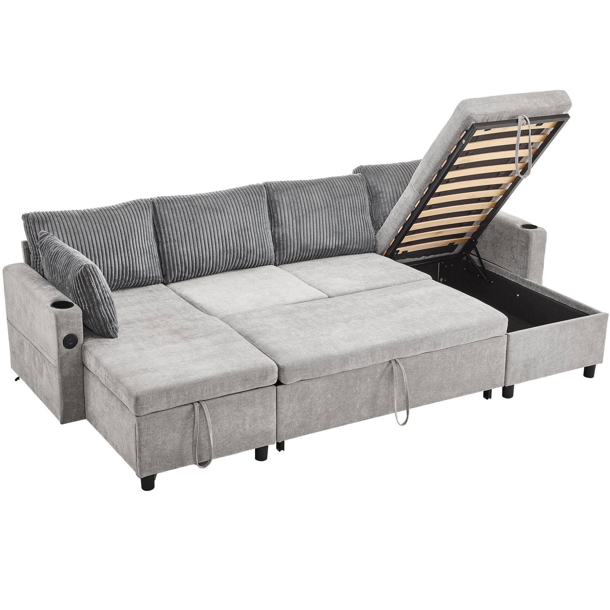 Corduroy Couch with Chaise Sleeper, Sectional Sofa Pull-Out, Grey