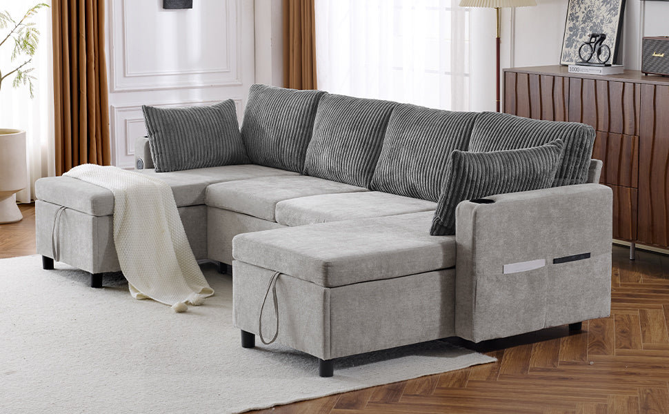 Corduroy Couch with Chaise Sleeper, Sectional Sofa Pull-Out, Grey