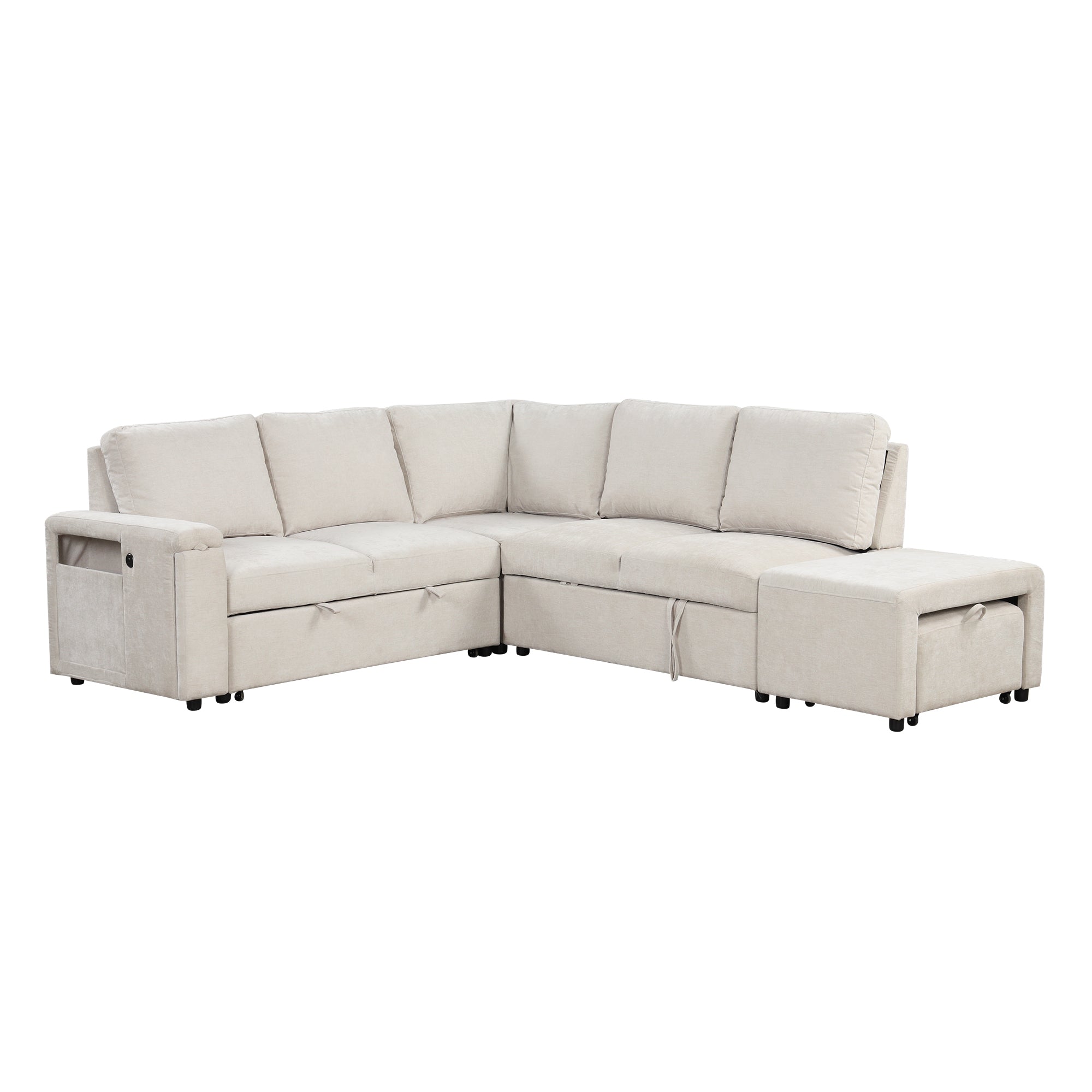 Sleeper Sectional, Sofa L Shape, Couch with Ottoman and Storage, Beige