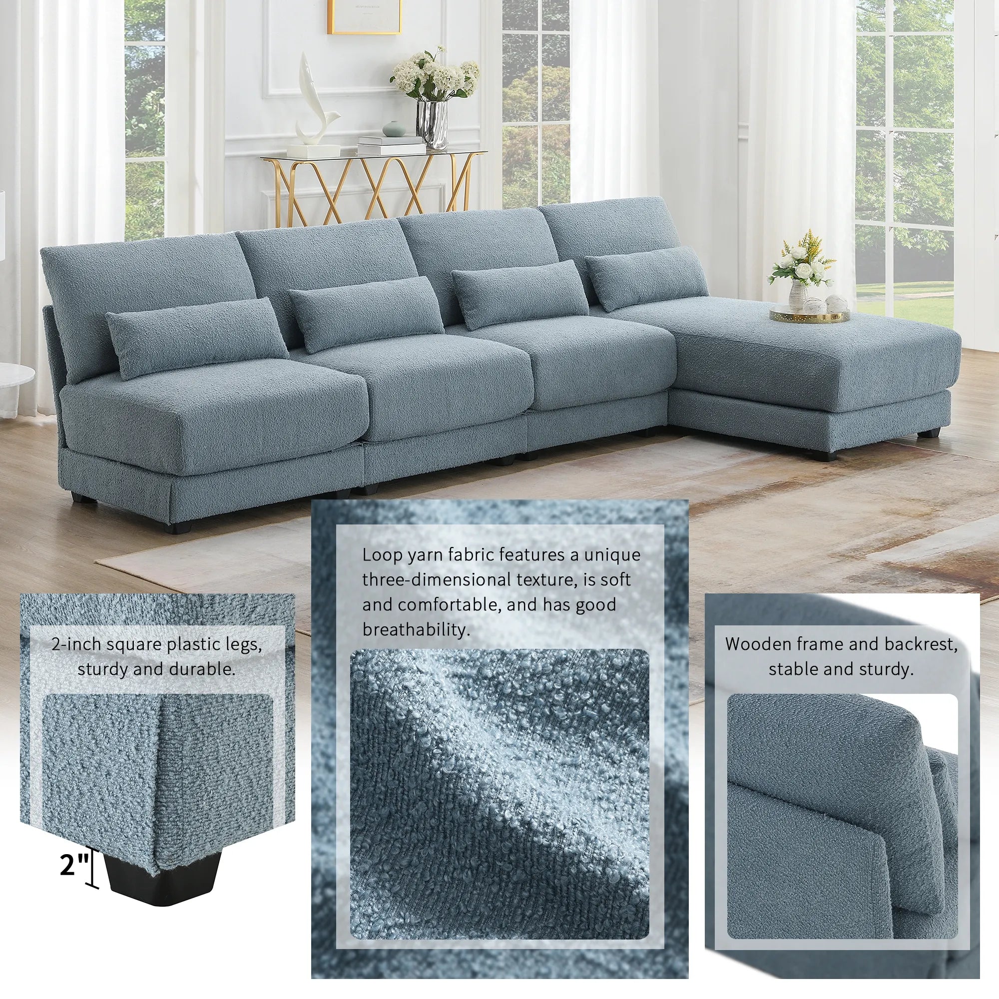 L Shape Couch, Deep Seat Sectional Sofa with Reversible Chaise, Blue