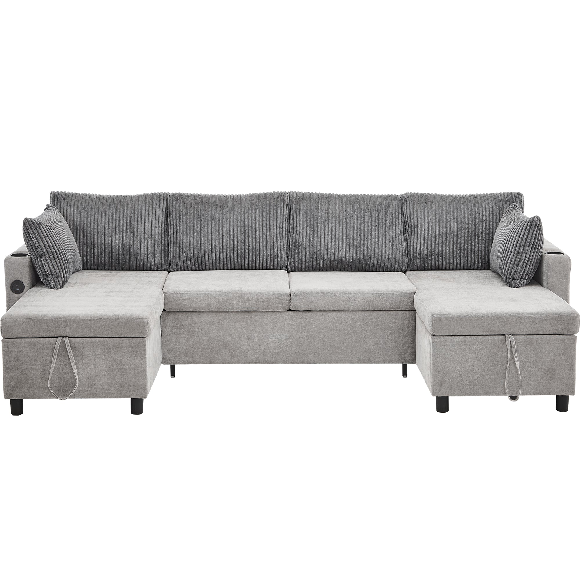 Corduroy Couch with Chaise Sleeper, Sectional Sofa Pull-Out, Grey
