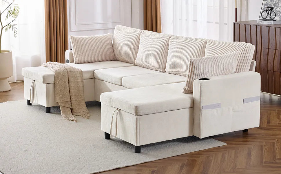 Corduroy Couch with Chaise Sleeper, Sectional Sofa Pull-Out, Beige
