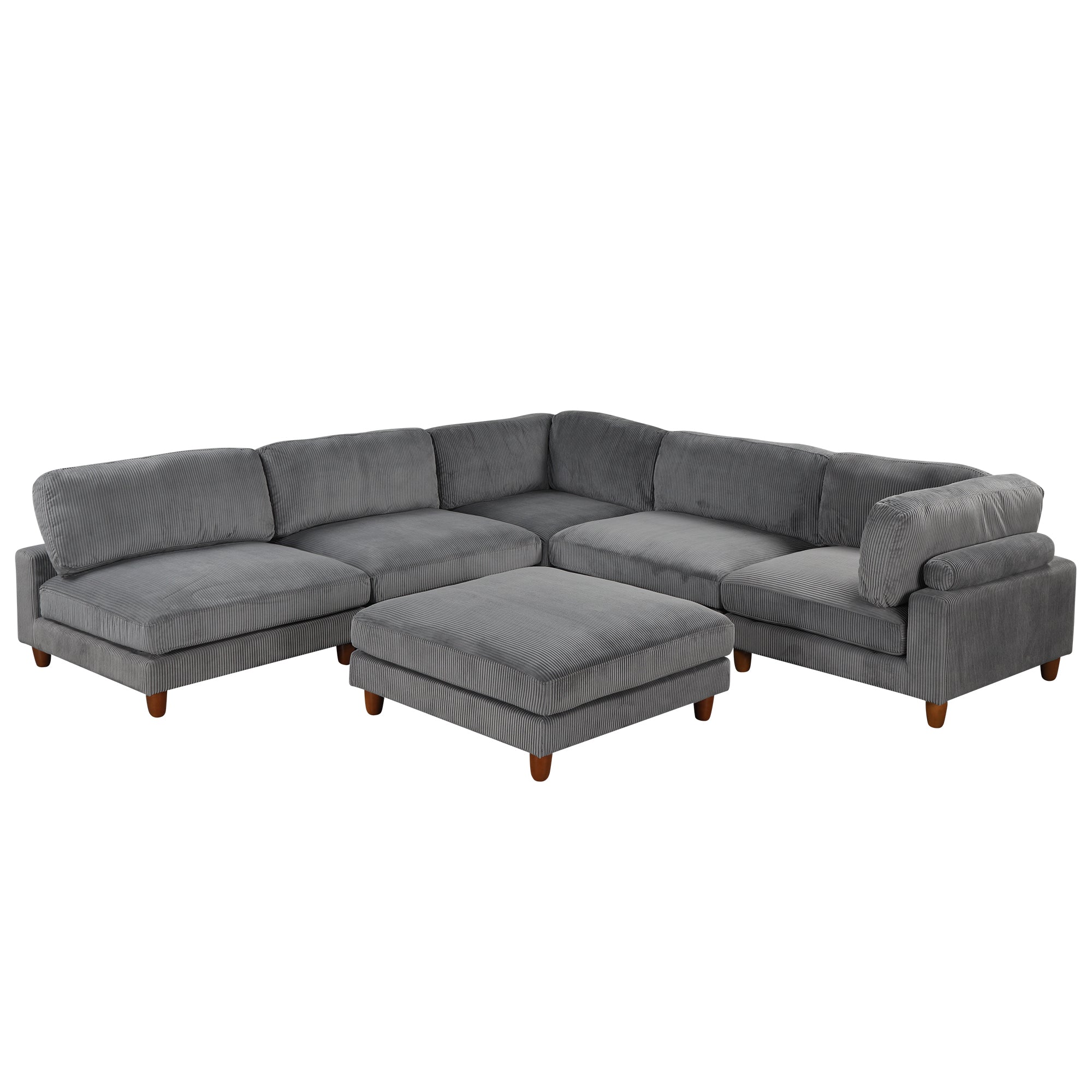 Large U-Shaped Sectional, Corduroy Couch with Ottoman, Gray