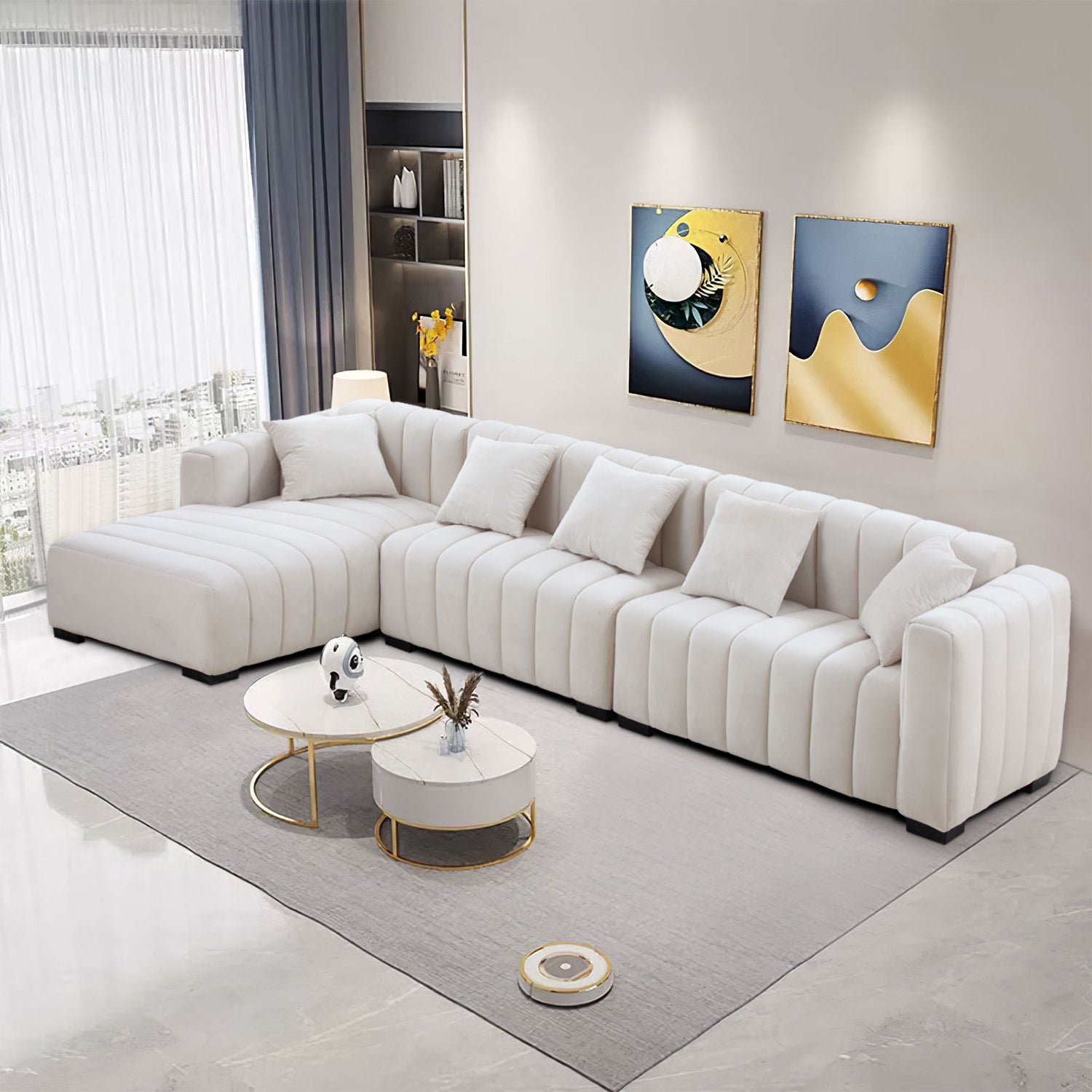 Modern Sofa Sectional, Large Velvet Couch with Left Chaise, Beige