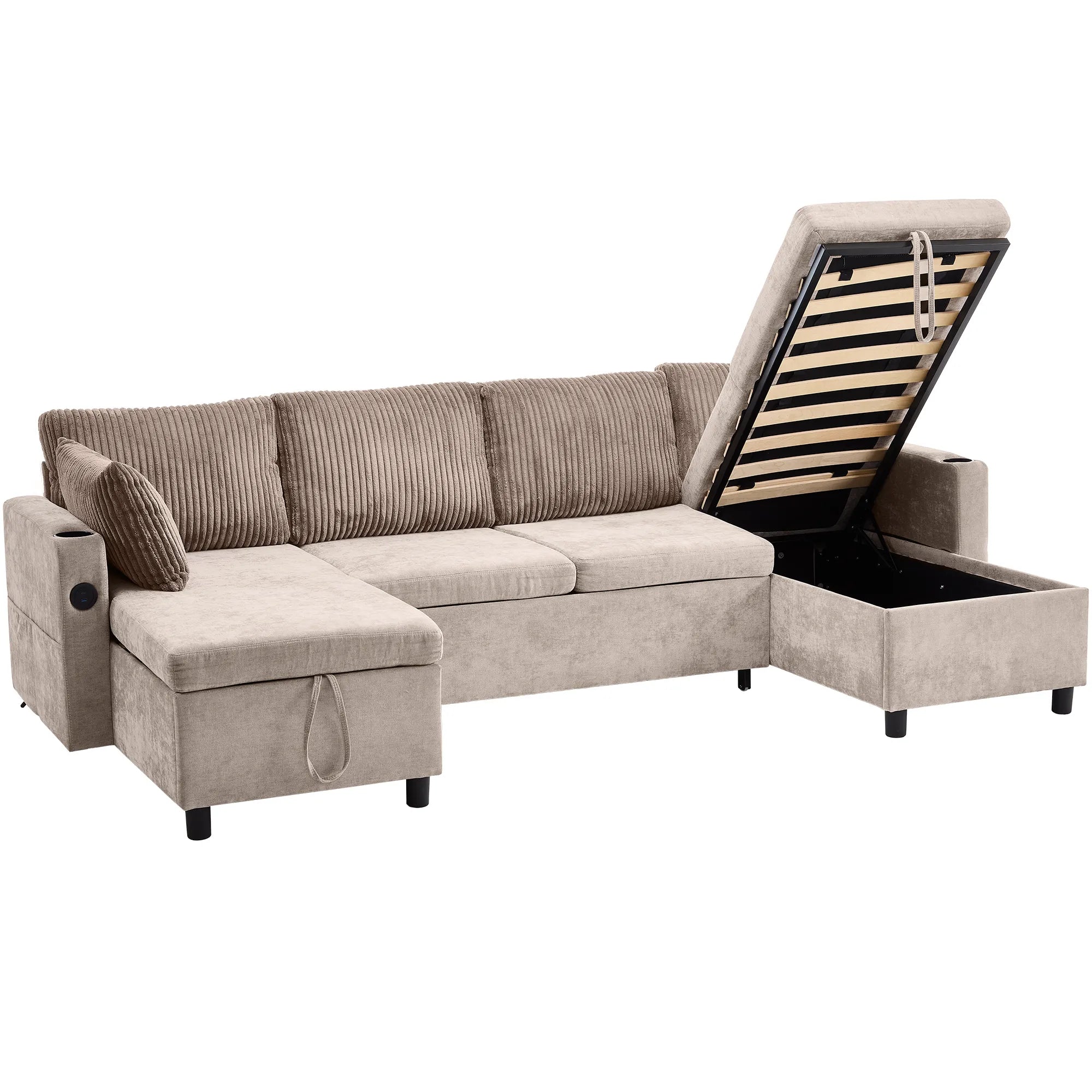 Corduroy Couch with Chaise Sleeper, Sectional Sofa Pull-Out, Brown