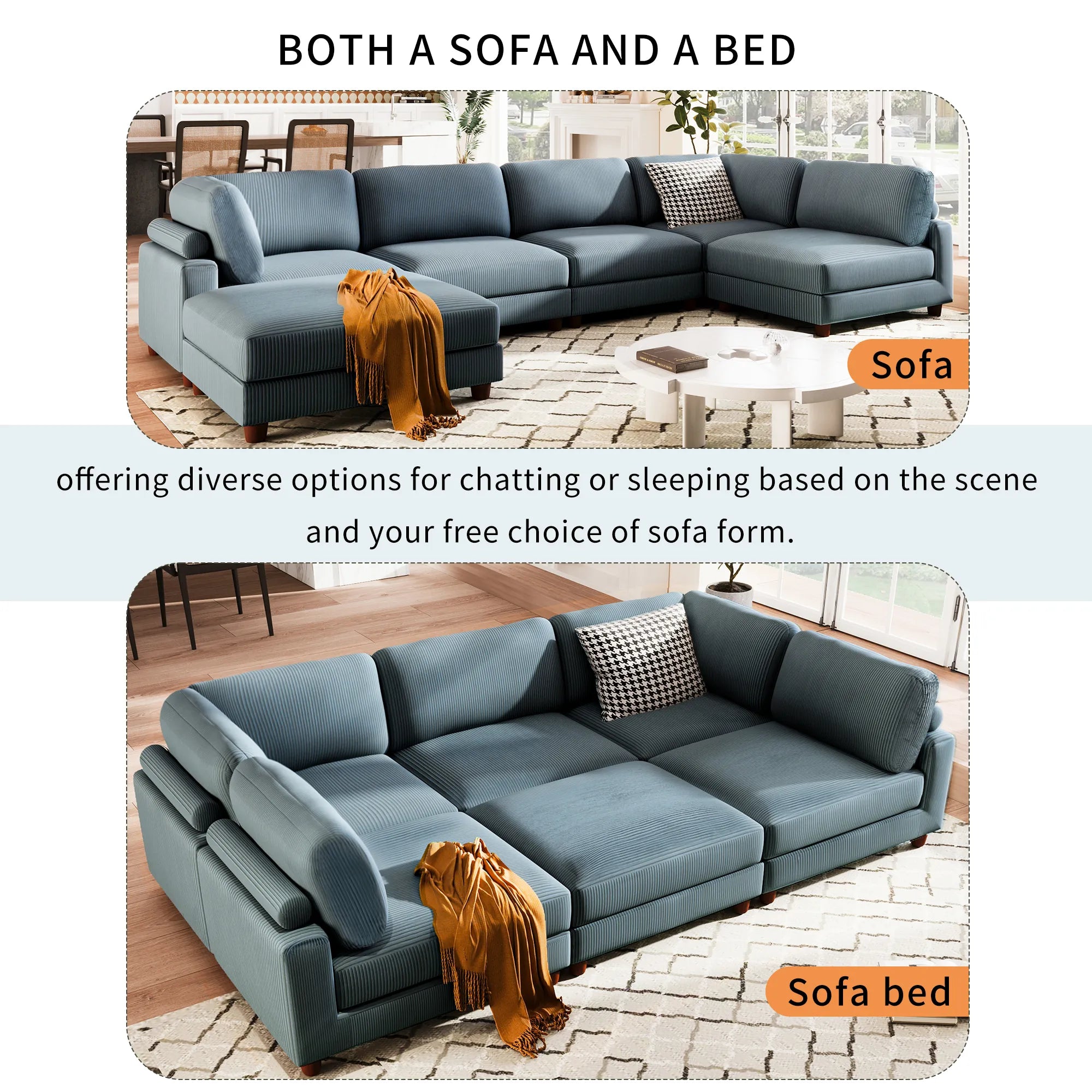 Large U-Shaped Sectional, Corduroy Couch with Ottoman, Blue
