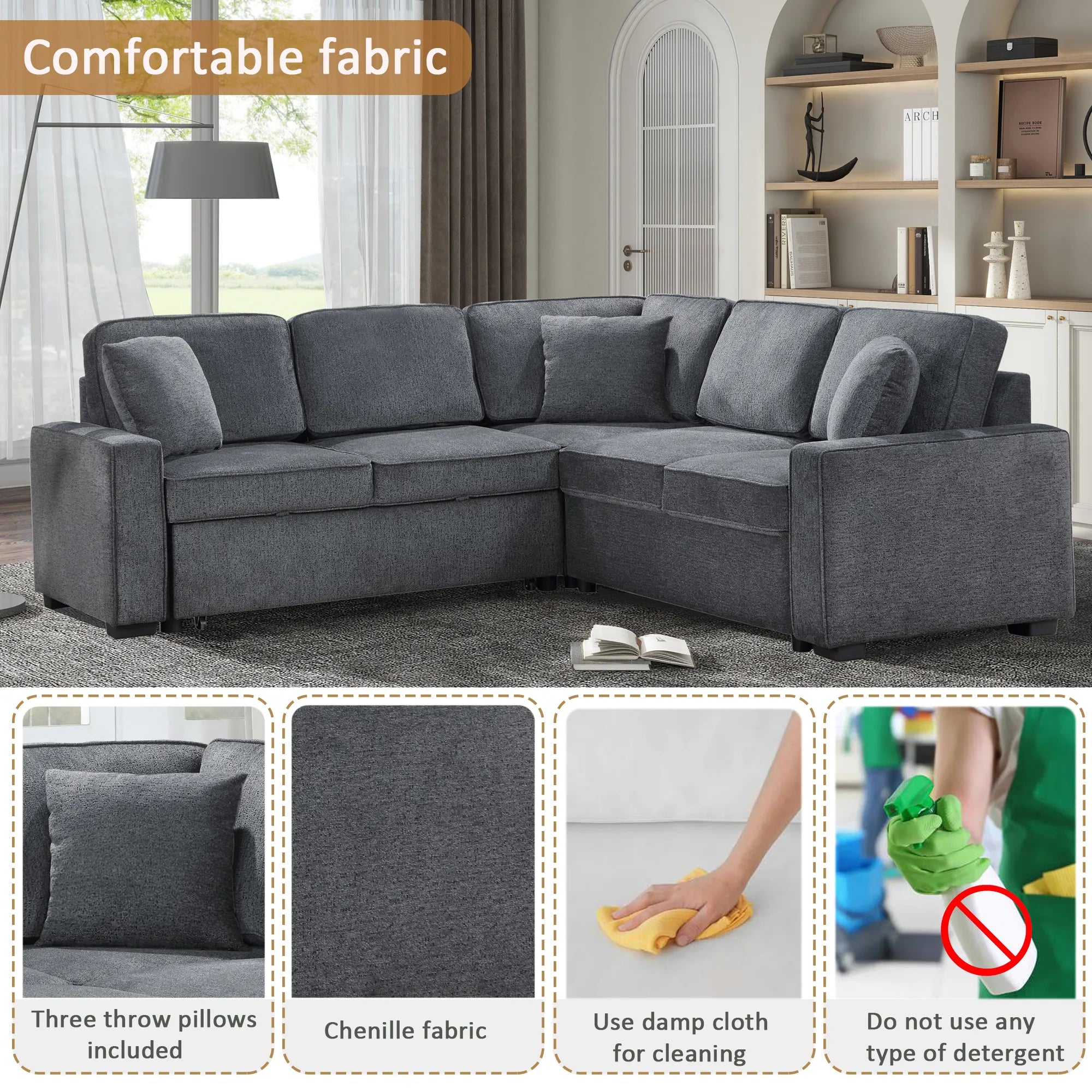 Louie Sleeper Sectional, Couch L Shape - Gray