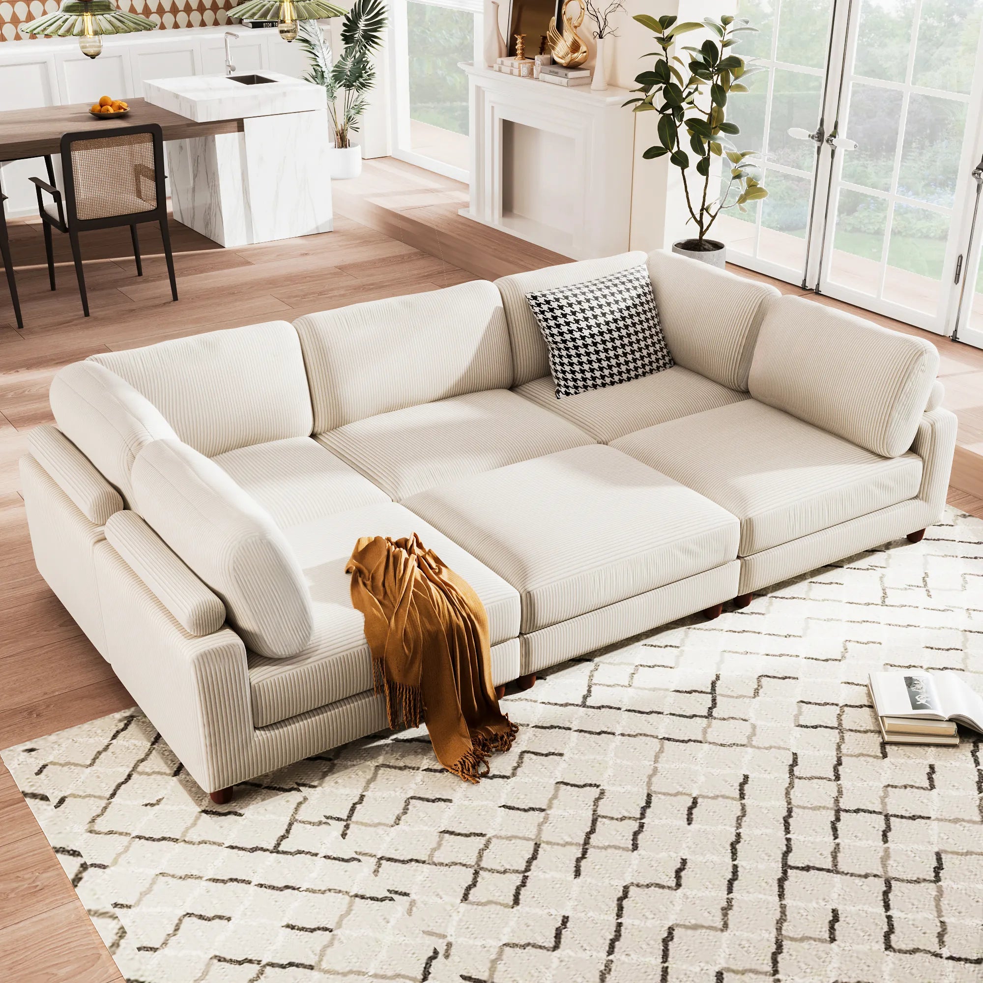 Large U-Shaped Sectional, Corduroy Couch with Ottoman, Beige