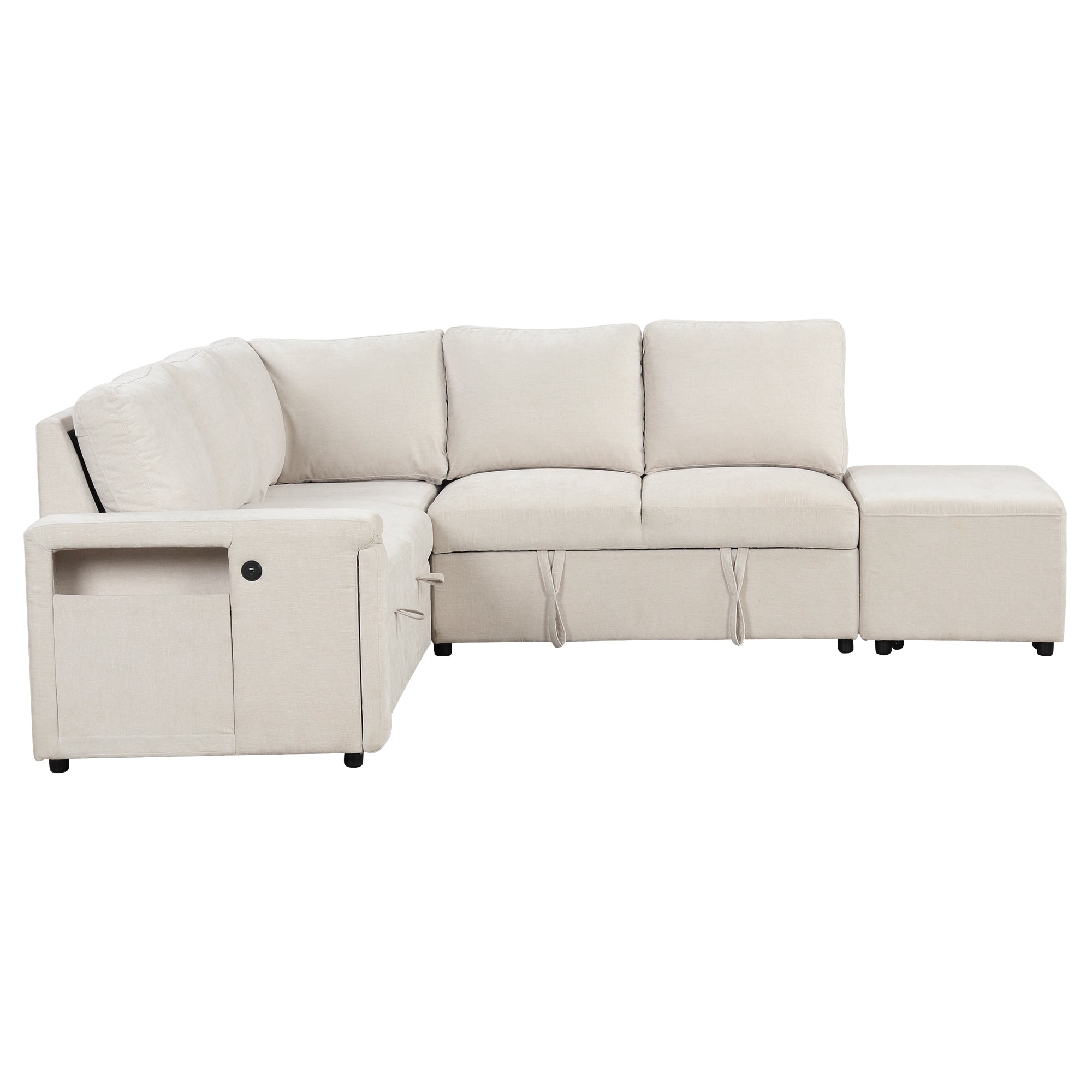 Sleeper Sectional, Sofa L Shape, Couch with Ottoman and Storage, Beige