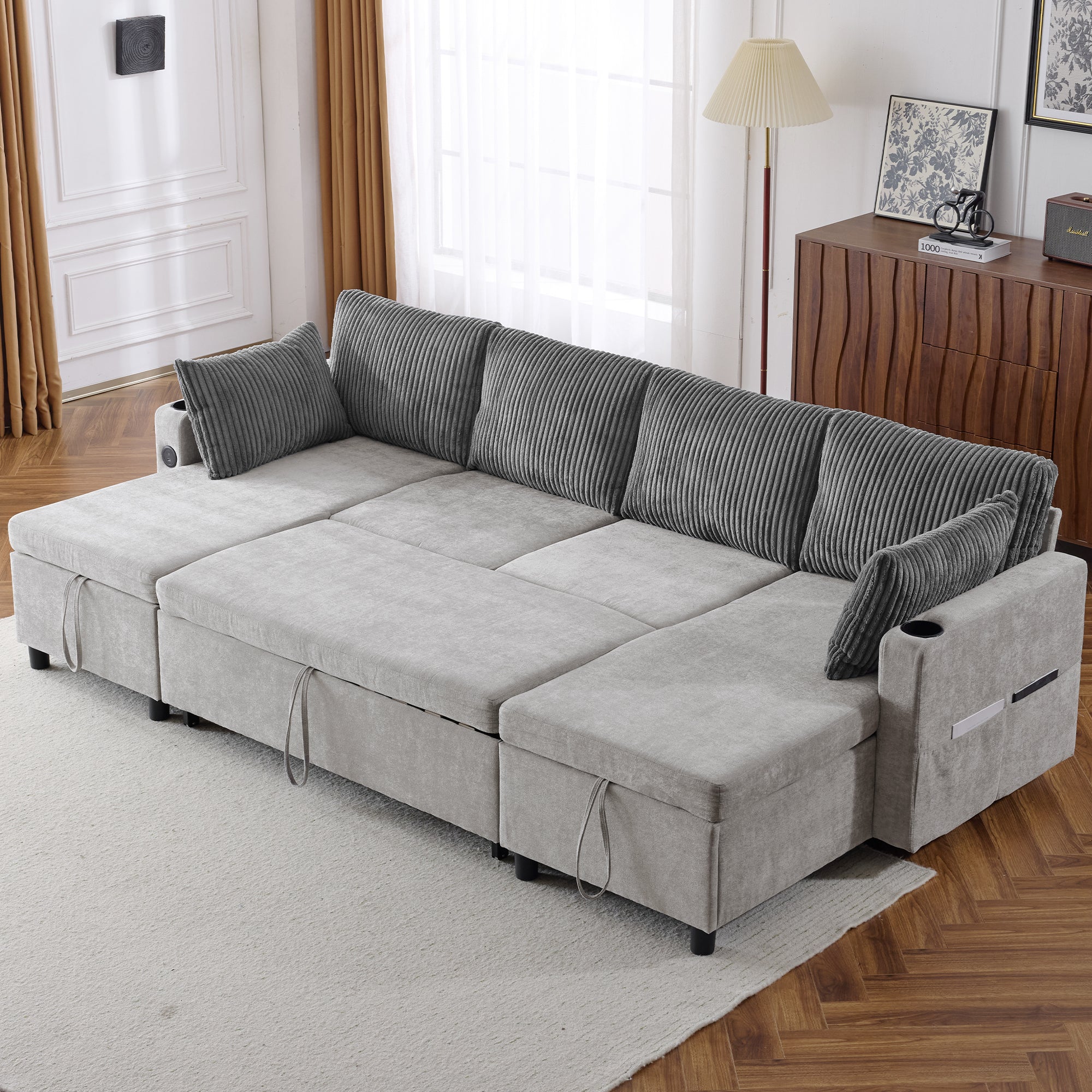 Corduroy Couch with Chaise Sleeper, Sectional Sofa Pull-Out, Grey