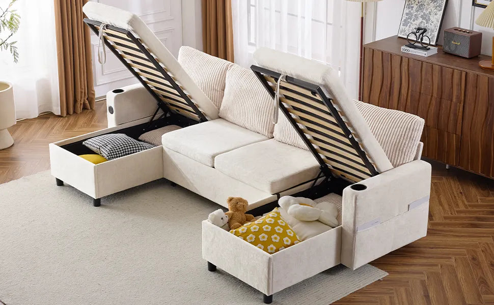 Corduroy Couch with Chaise Sleeper, Sectional Sofa Pull-Out, Beige