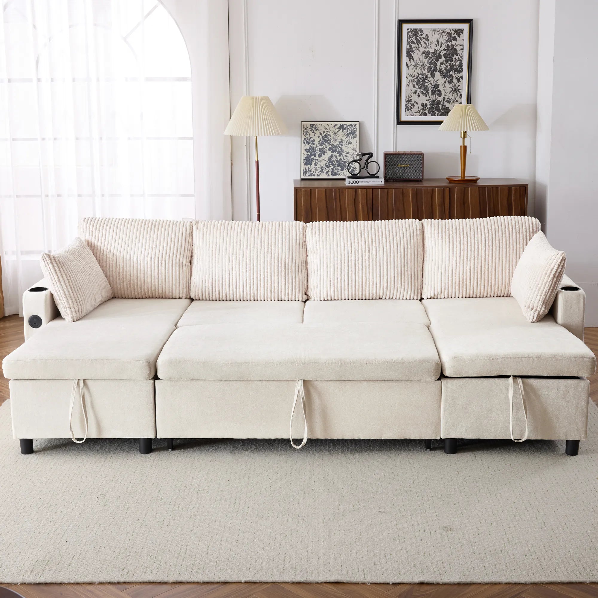 Corduroy Couch with Chaise Sleeper, Sectional Sofa Pull-Out, Beige