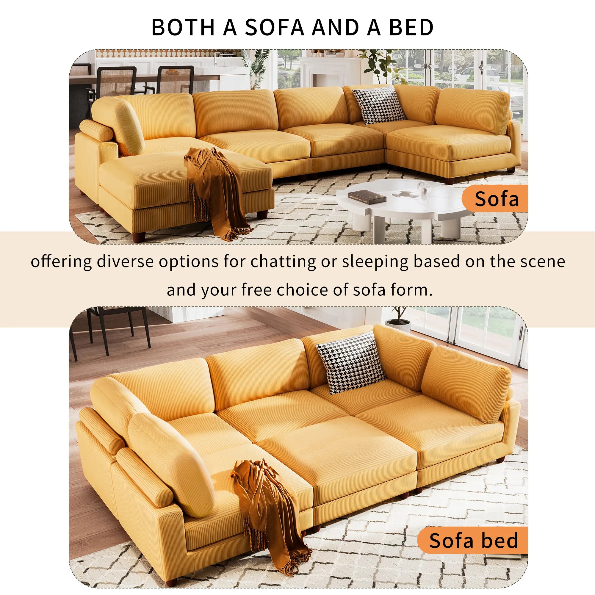 Large U-Shaped Sectional, Corduroy Couch with Ottoman, Yellow