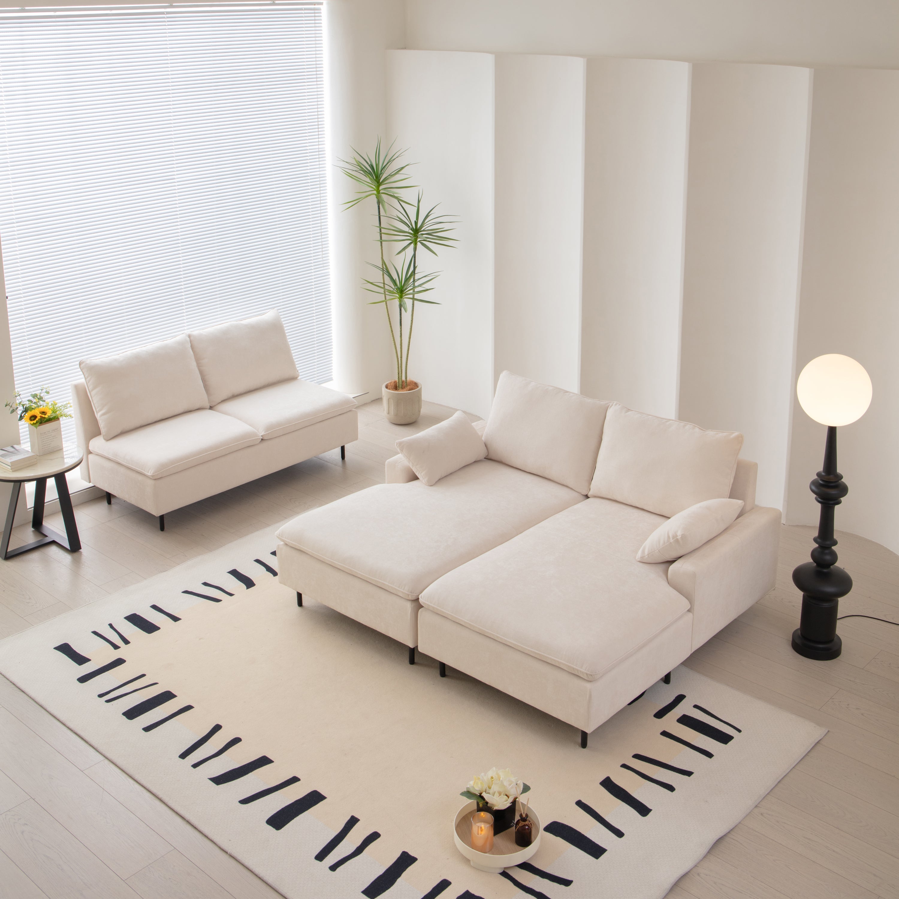 Modern U-Shaped Beige Sectional Sofa, Double Chaise Couch, Beige