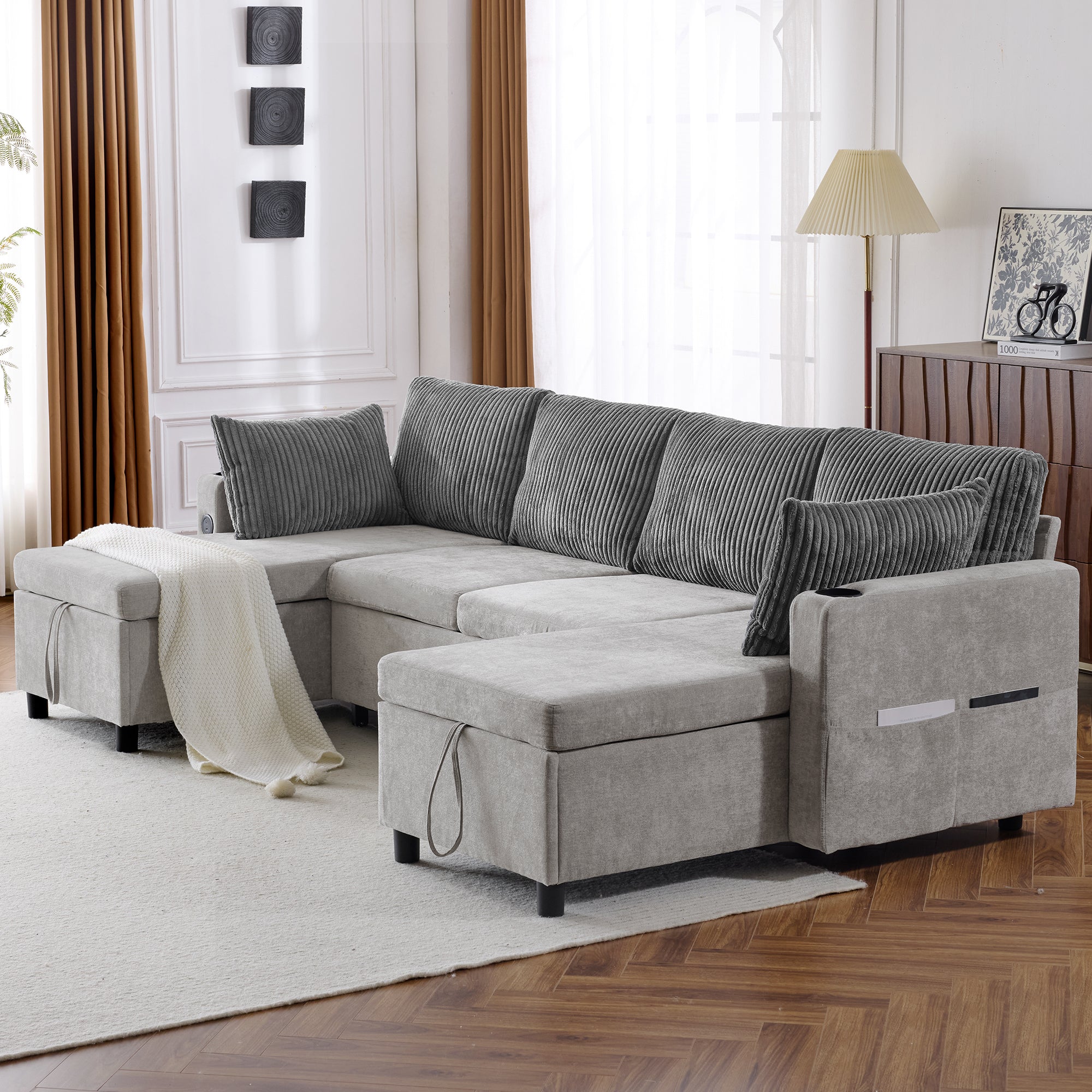 Corduroy Couch with Chaise Sleeper, Sectional Sofa Pull-Out, Grey