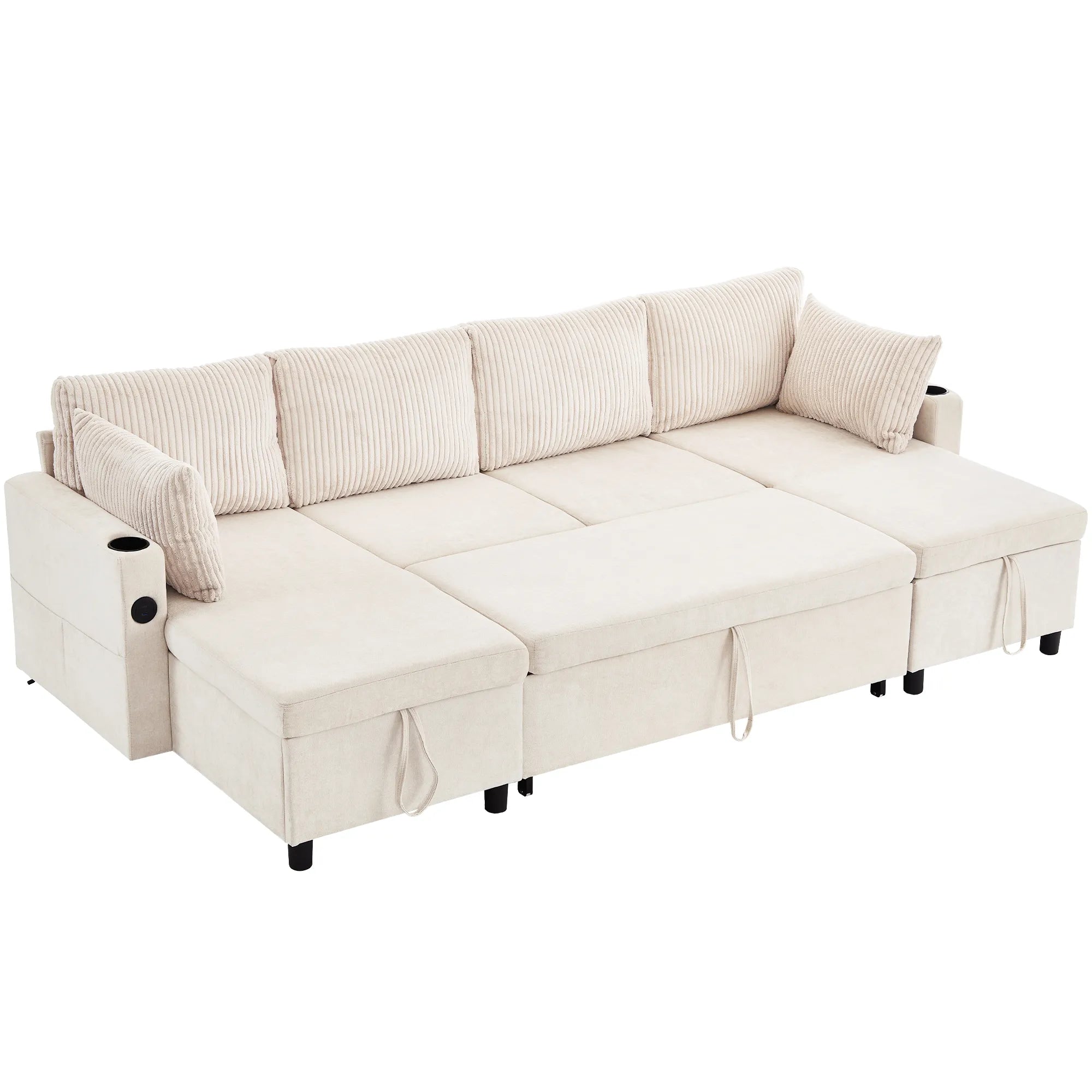 Corduroy Couch with Chaise Sleeper, Sectional Sofa Pull-Out, Beige