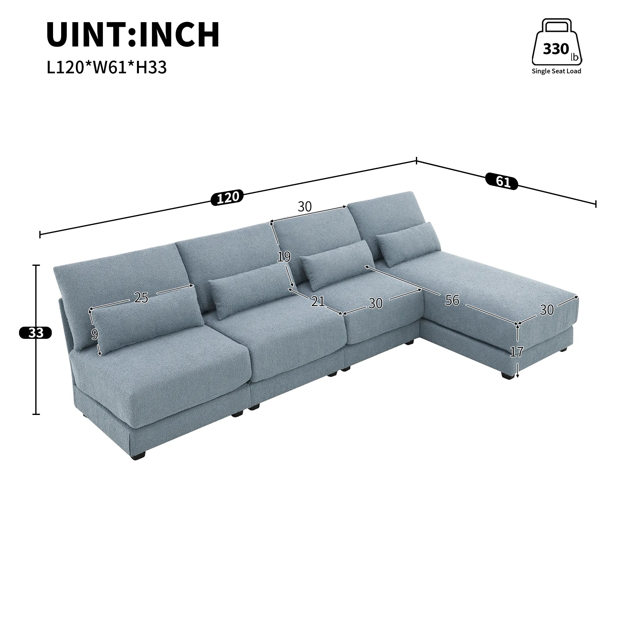 L Shape Couch, Deep Seat Sectional Sofa with Reversible Chaise, Blue