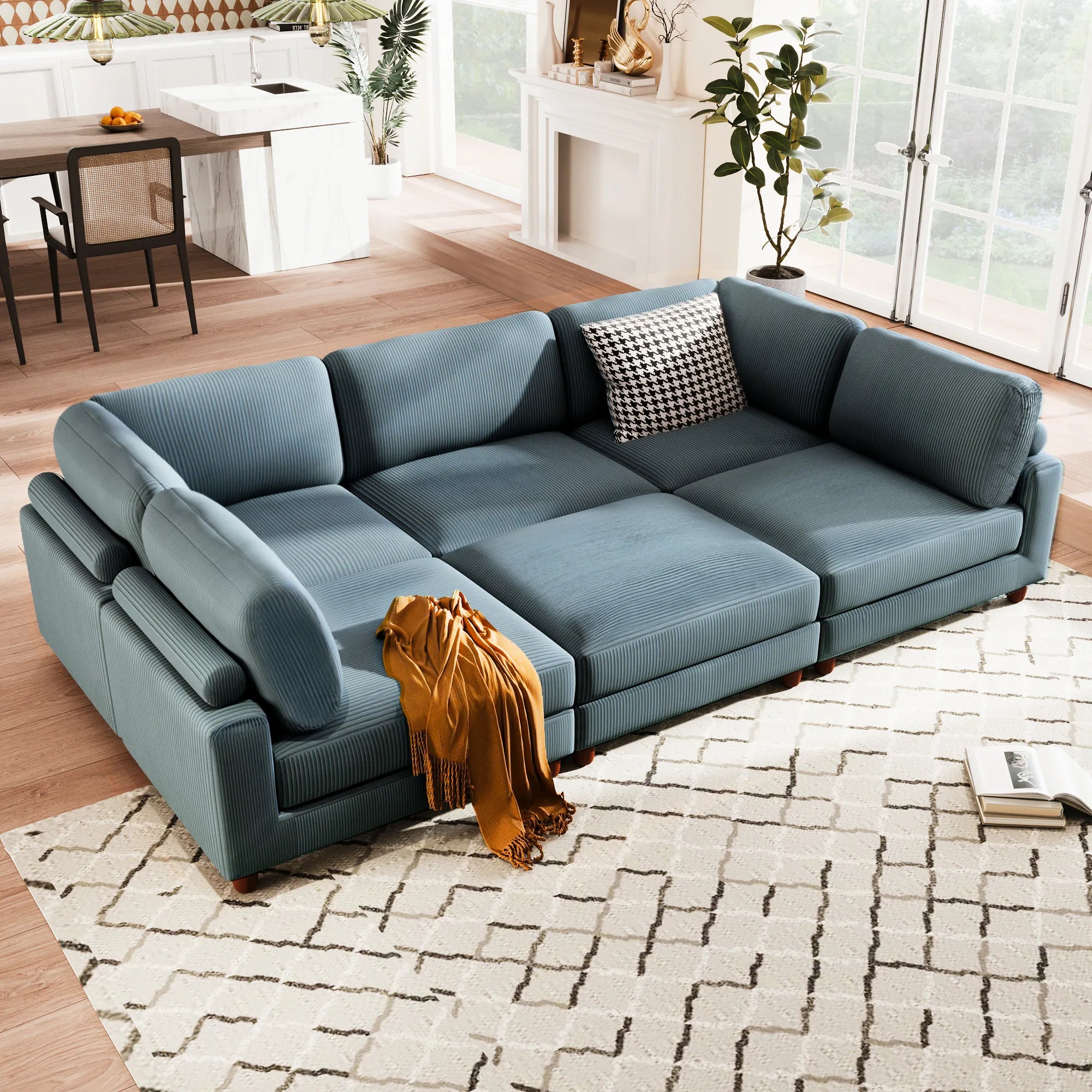 Large U-Shaped Sectional, Corduroy Couch with Ottoman, Blue