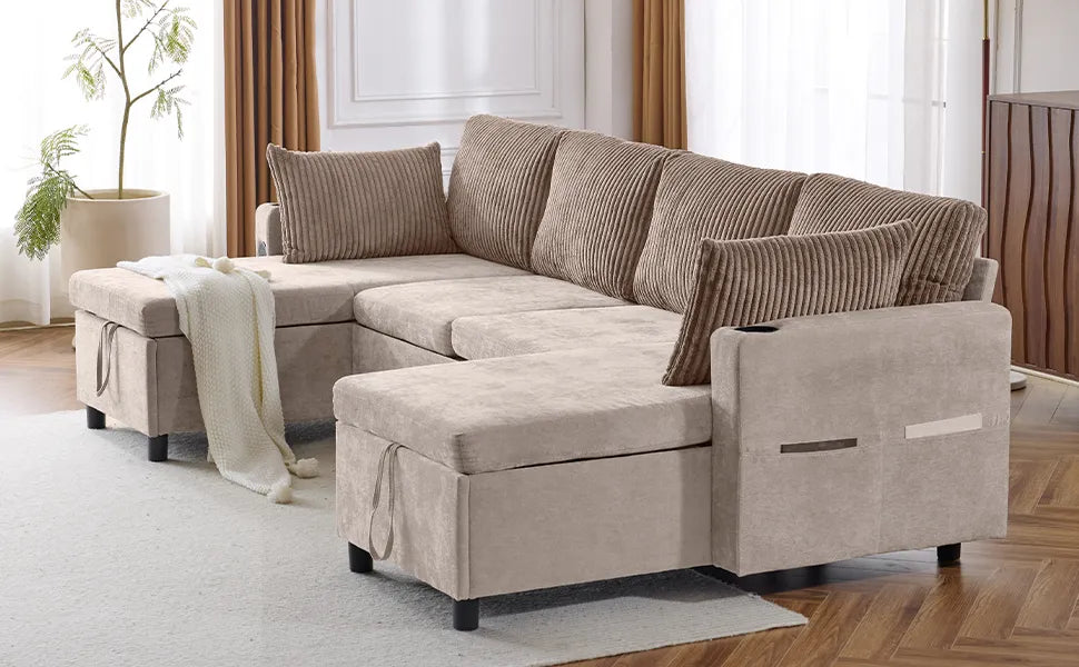 Corduroy Couch with Chaise Sleeper, Sectional Sofa Pull-Out, Brown