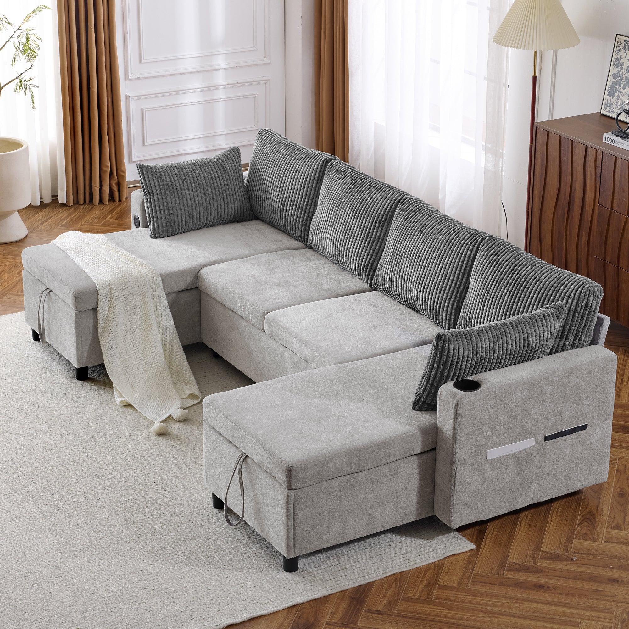 Corduroy Couch with Chaise Sleeper, Sectional Sofa Pull-Out, Grey