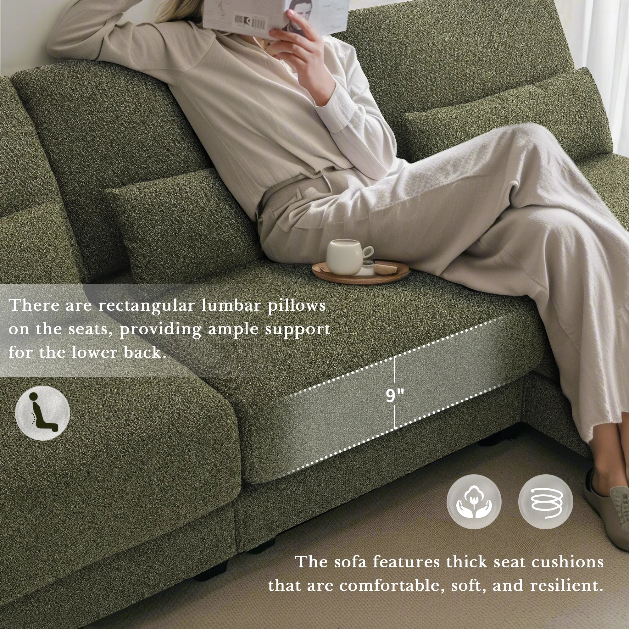L Shape Couch, Deep Seat Sectional Sofa with Reversible Chaise, Green