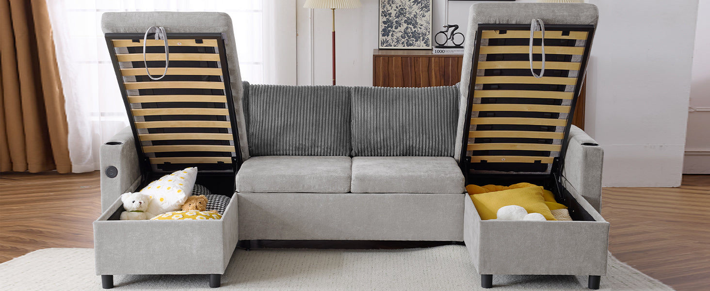 Corduroy Couch with Chaise Sleeper, Sectional Sofa Pull-Out, Grey