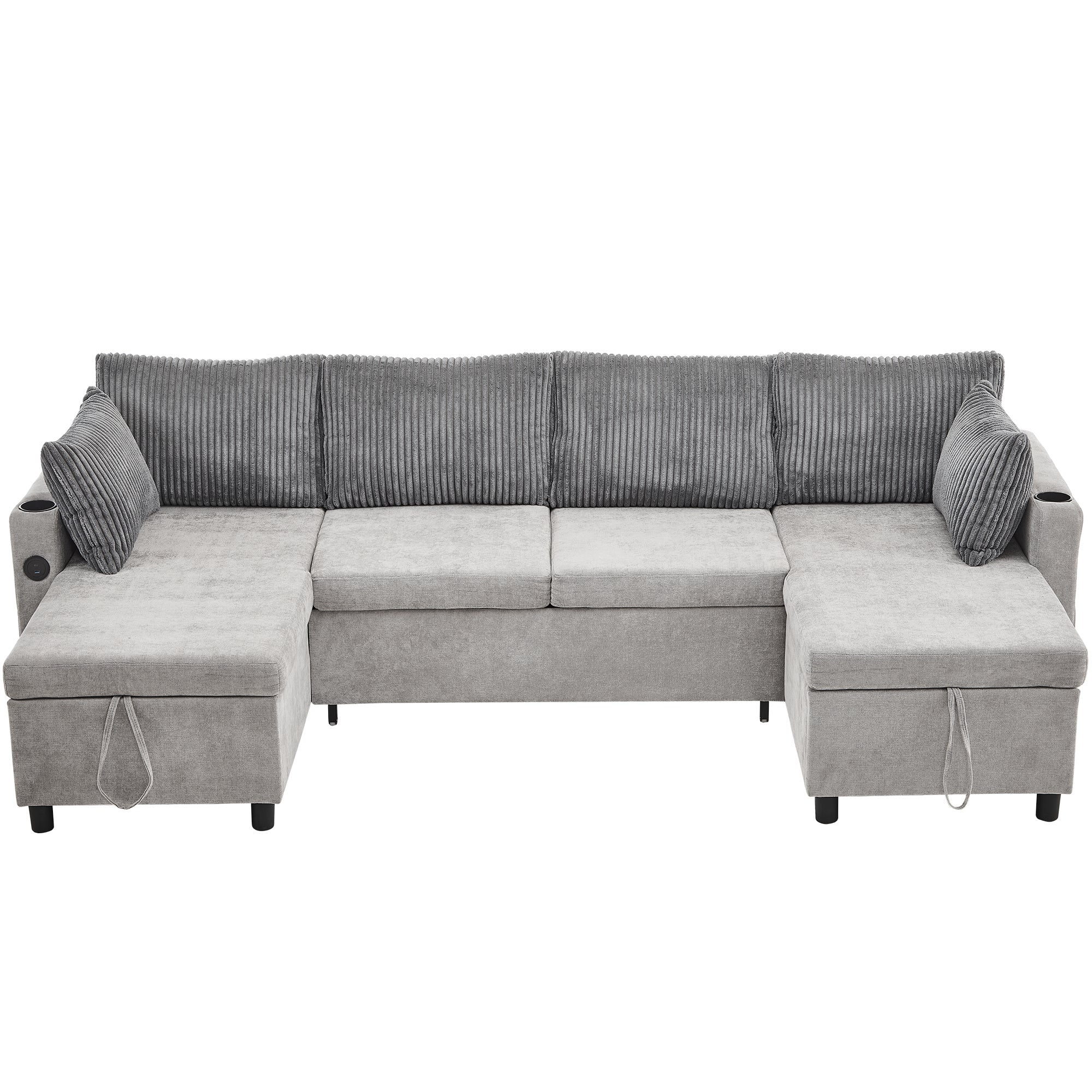 Corduroy Couch with Chaise Sleeper, Sectional Sofa Pull-Out, Grey