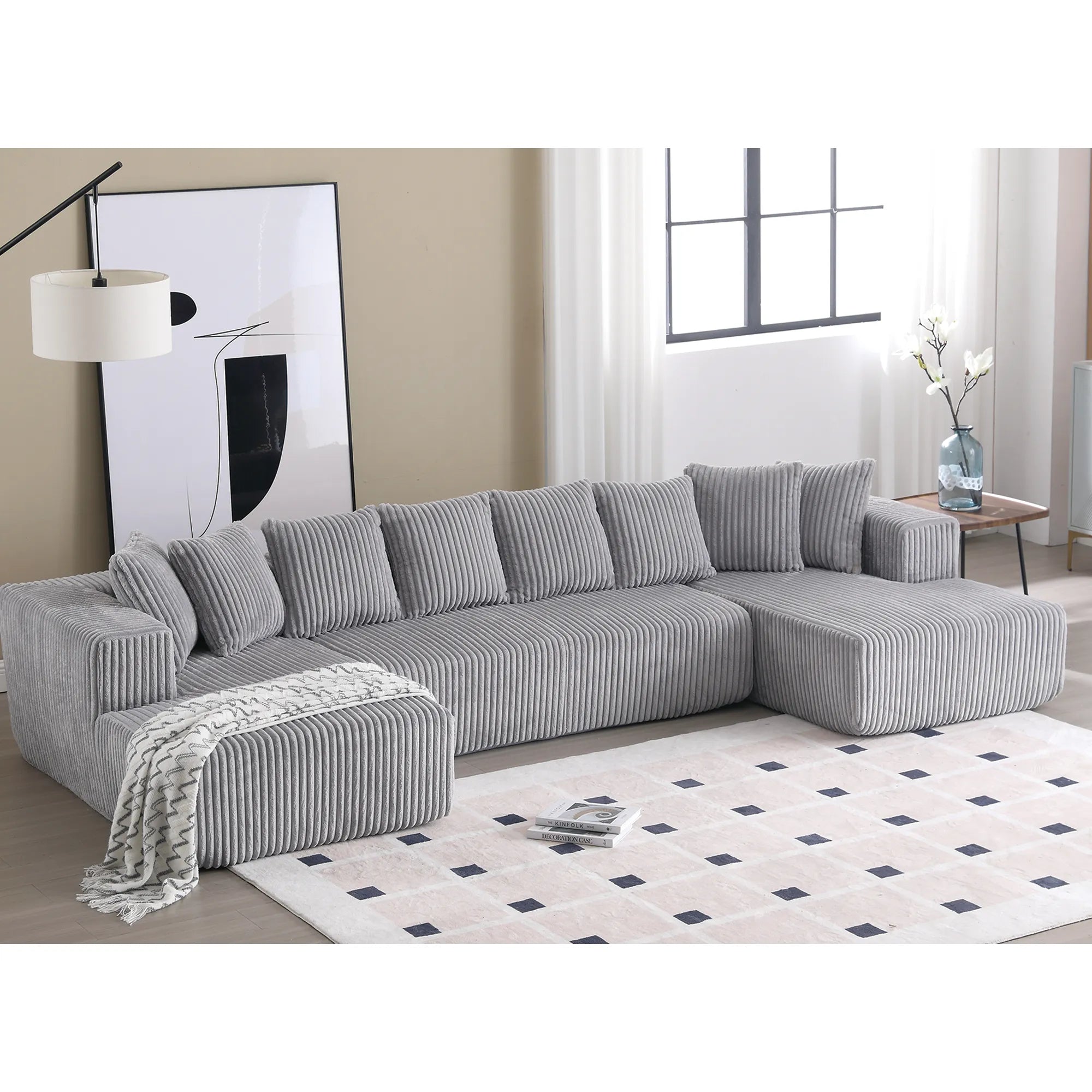 Modular U Shaped Sectional, Corduroy Couch with Double Chaise, Gray