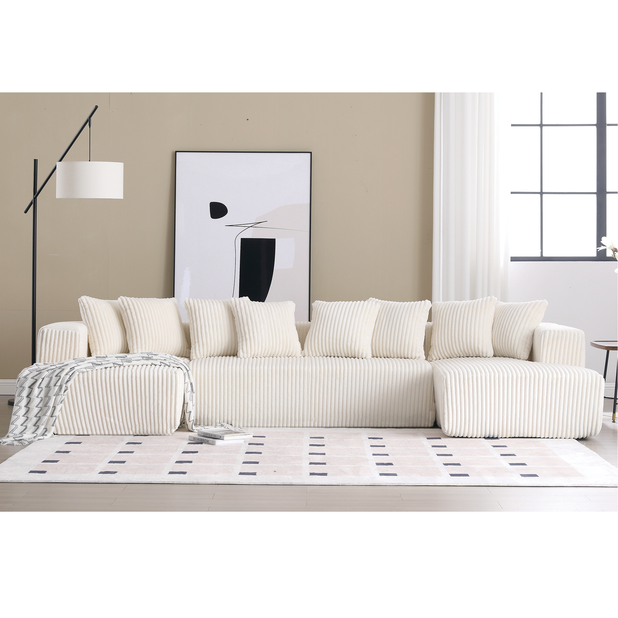 Modular U Shaped Sectional, Corduroy Couch with Double Chaise, White