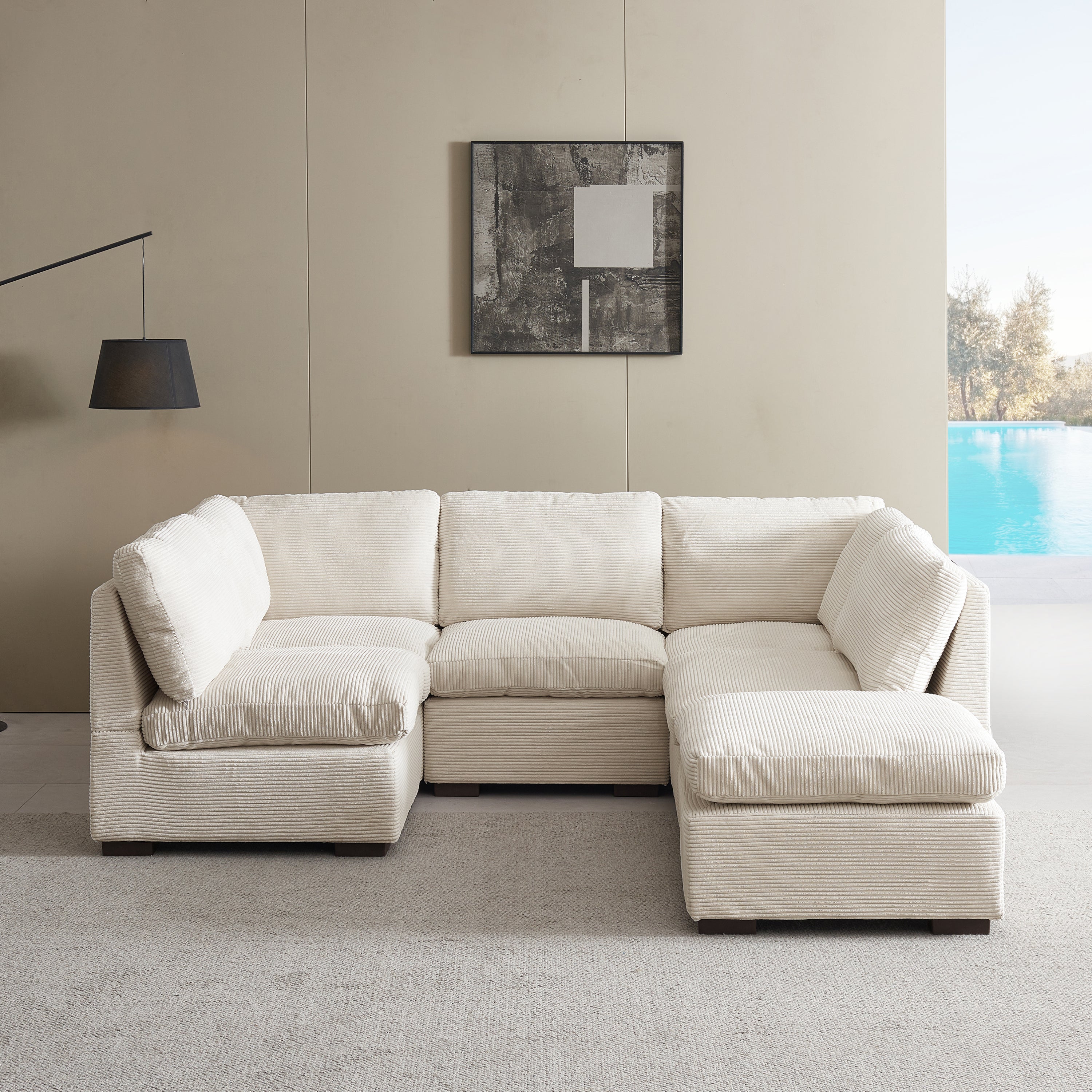 L-Shaped Couch, 6-Seat Corduroy Sofa, Couch with Ottoman, Beige